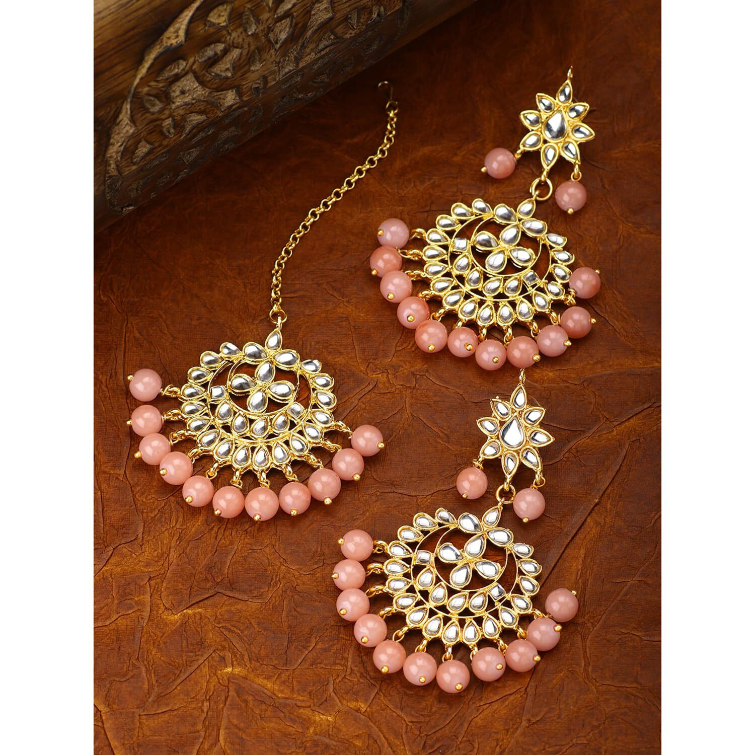 Peora Gold Plated Kundan Faux Pearl Ch&bali Earring Maang Tikka Set Indian Traditional Jewellery For Womens & Girls