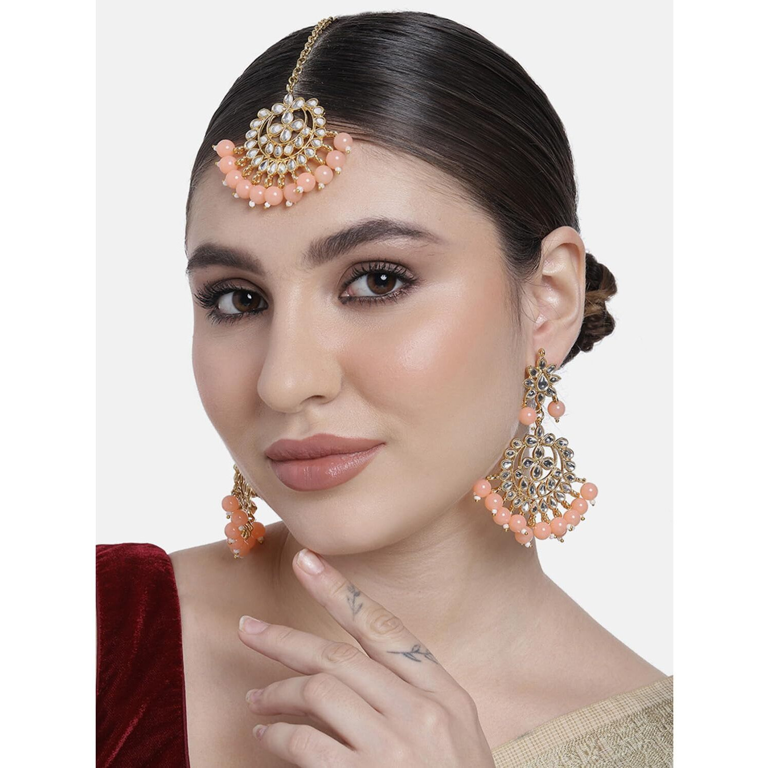 Peora Gold Plated Kundan Faux Pearl Ch&bali Earring Maang Tikka Set Indian Traditional Jewellery For Womens & Girls