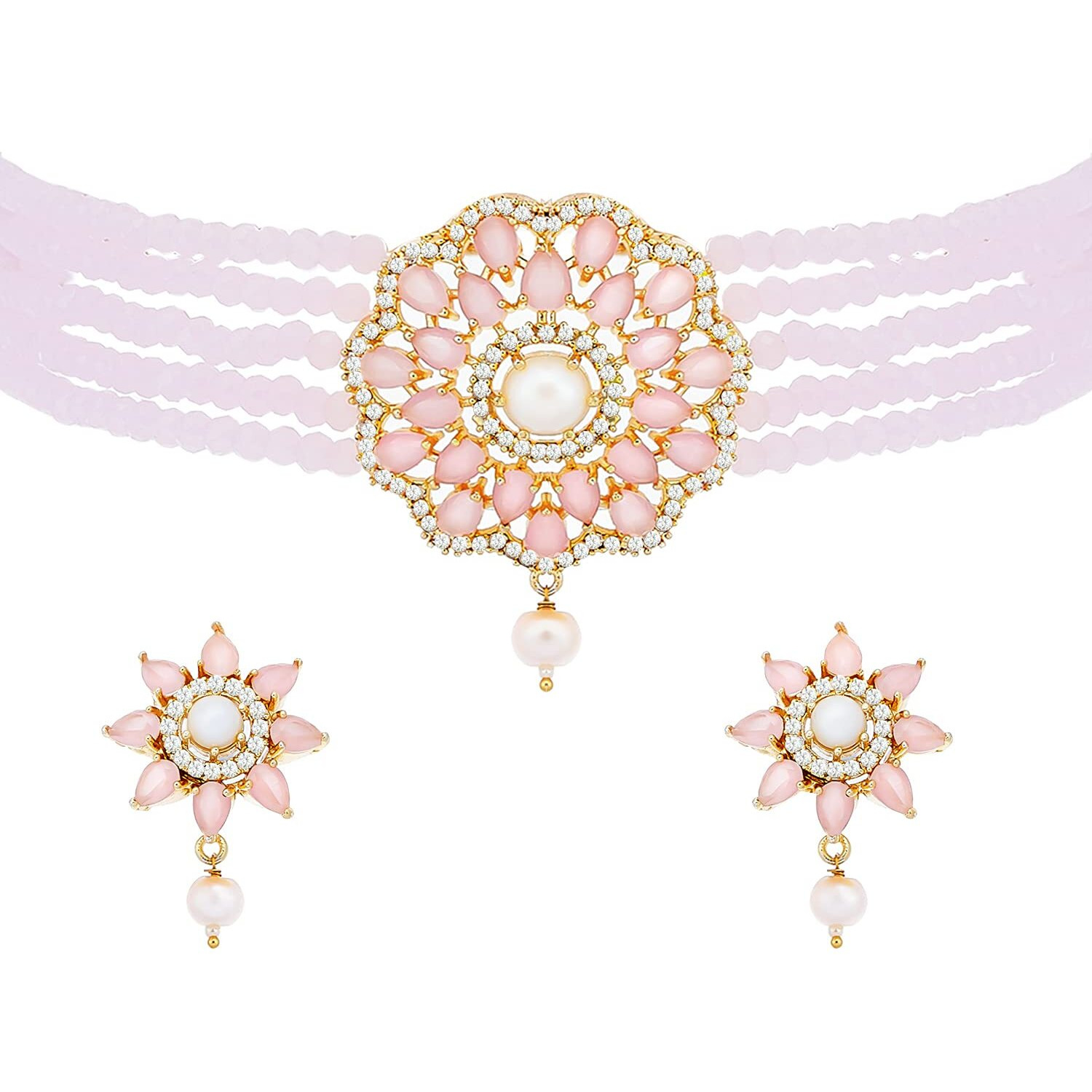 ZENEME Necklace Gold Plated American Diamond Choker Necklace Beaded With Earring Set Jewellery Set for Women & Girls (Pink)