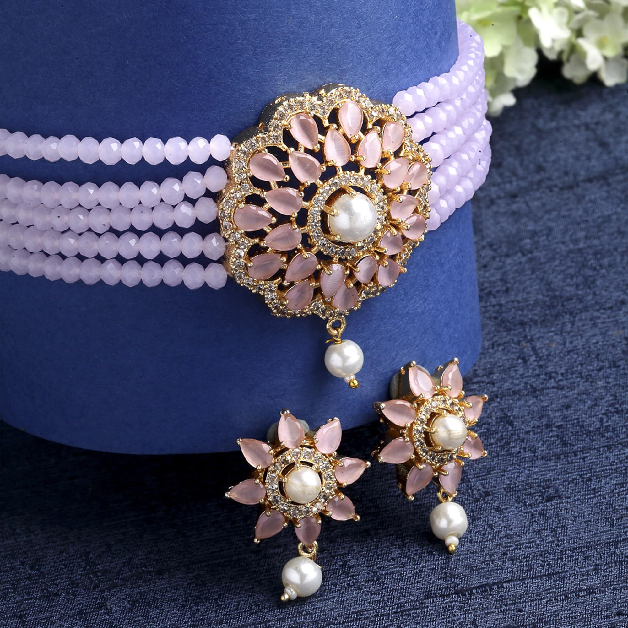 ZENEME Necklace Gold Plated American Diamond Choker Necklace Beaded With Earring Set Jewellery Set for Women & Girls (Pink)