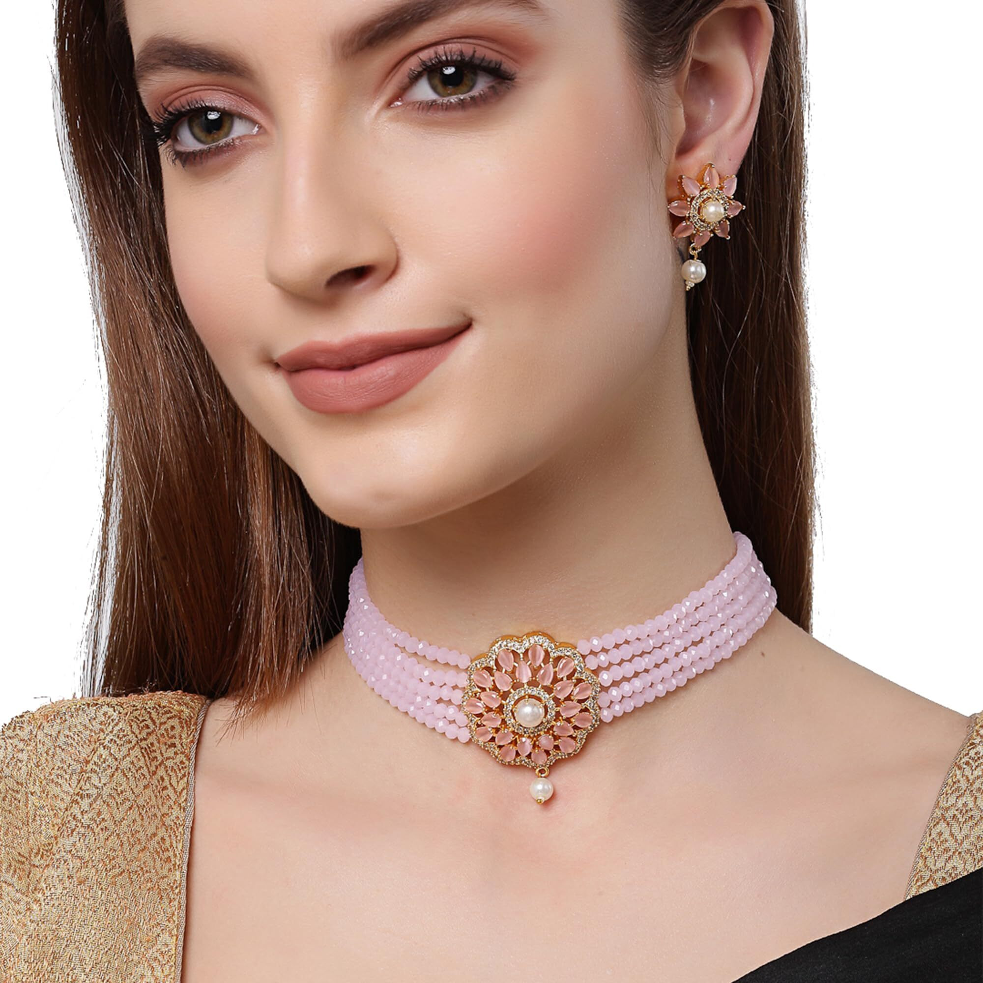 ZENEME Necklace Gold Plated American Diamond Choker Necklace Beaded With Earring Set Jewellery Set for Women & Girls (Pink)