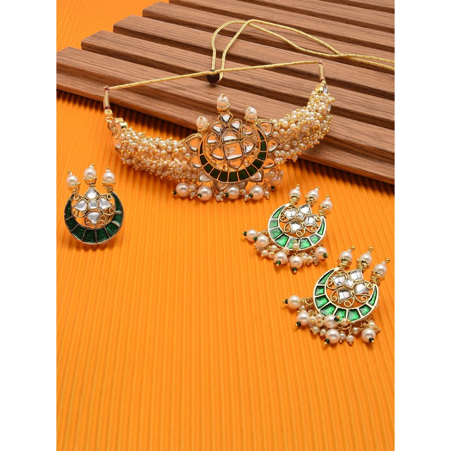 ZAVERI PEARLS Green Cluster Pearl Multistrand Choker Necklace Earring & Ring Set For Women-ZPFK11458