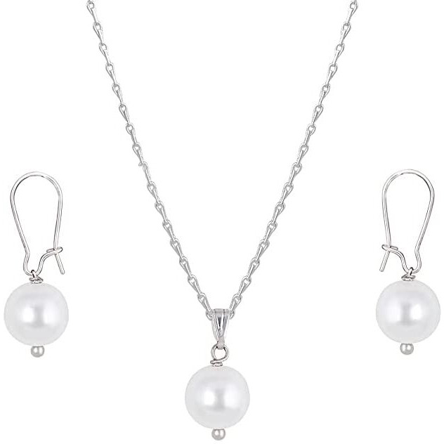 JFL-Jewellery for Less Classic Stylish Trendy Silver Plated Designer Japanese Pearl Pendant Set with Drop Earrings and Chain for Women & Girls.