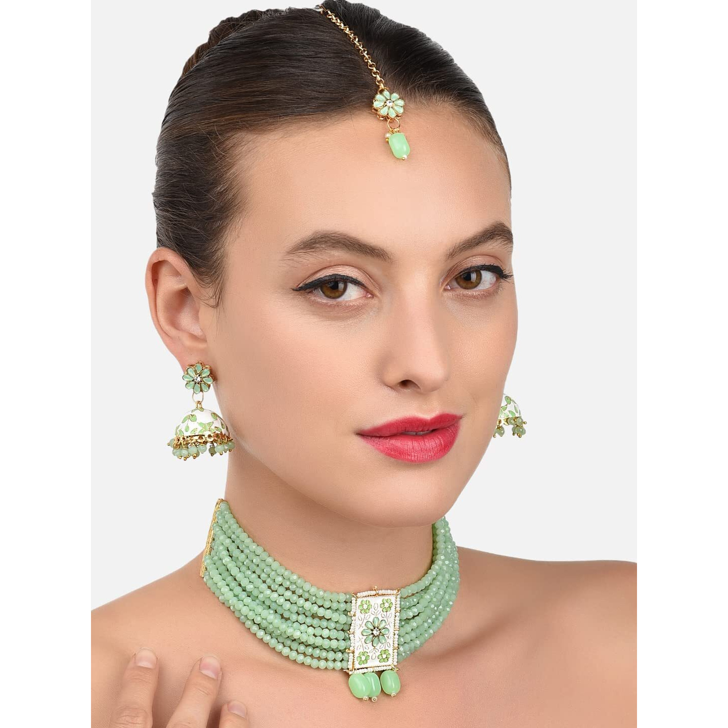 ZAVERI PEARLS Green Meenakari Crystal Beads Multistrand Necklace Earring & Maangtikka Set For Women-ZPFK10275