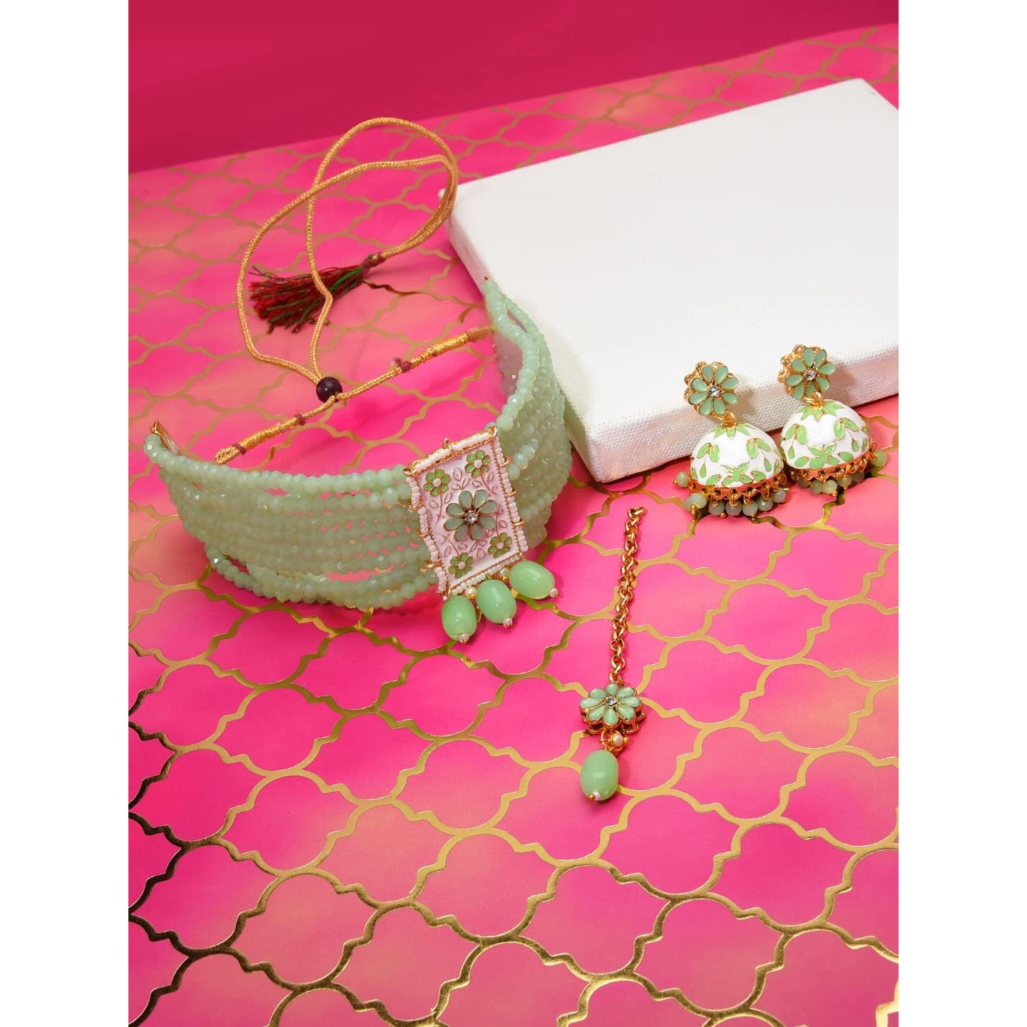 ZAVERI PEARLS Green Meenakari Crystal Beads Multistrand Necklace Earring & Maangtikka Set For Women-ZPFK10275