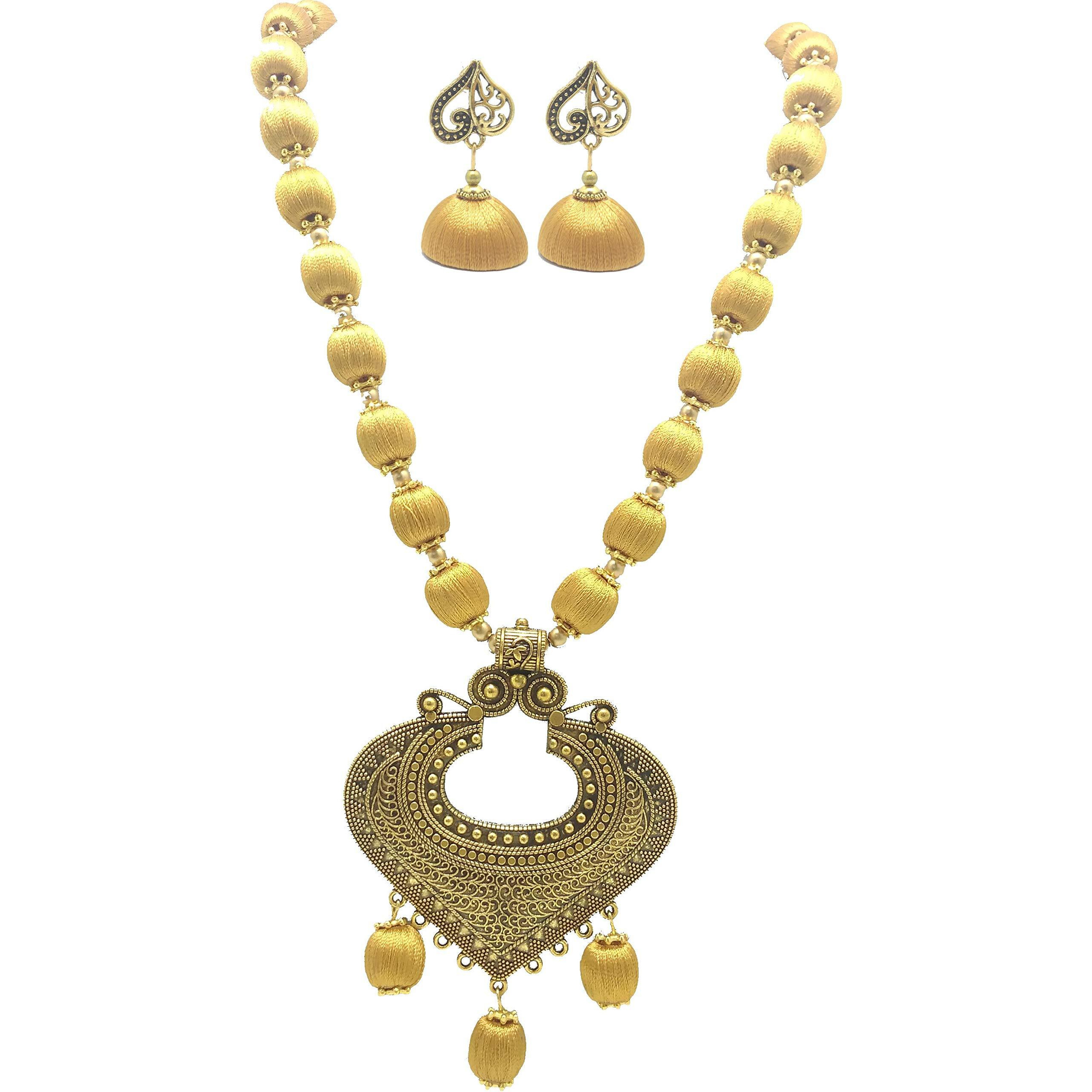 MDS FASHIONS Silk Thread Beads with Antique Heart Necklace and Earrings set for Beautiful Women (MDS-1047) (Gold)