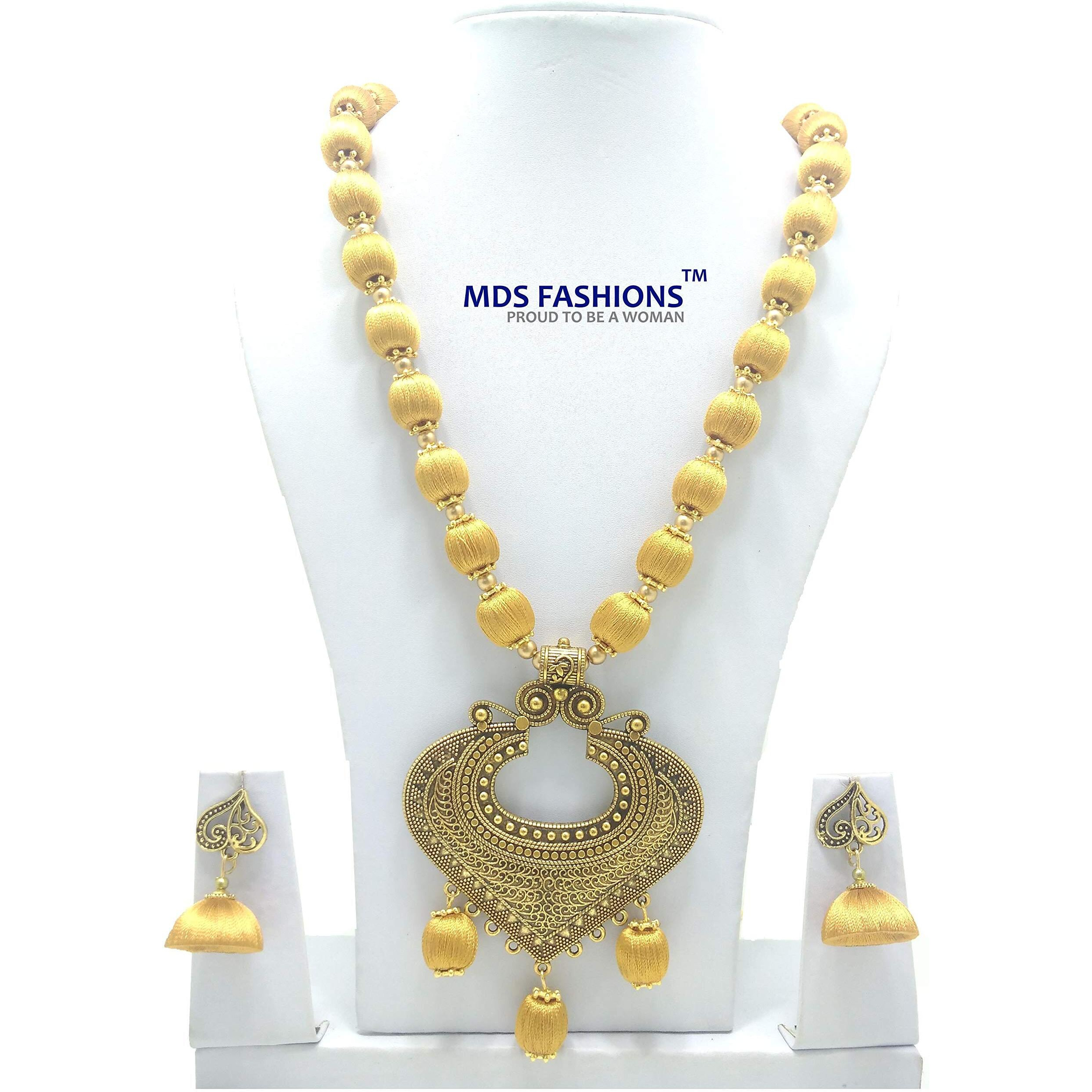 MDS FASHIONS Silk Thread Beads with Antique Heart Necklace and Earrings set for Beautiful Women (MDS-1047) (Gold)