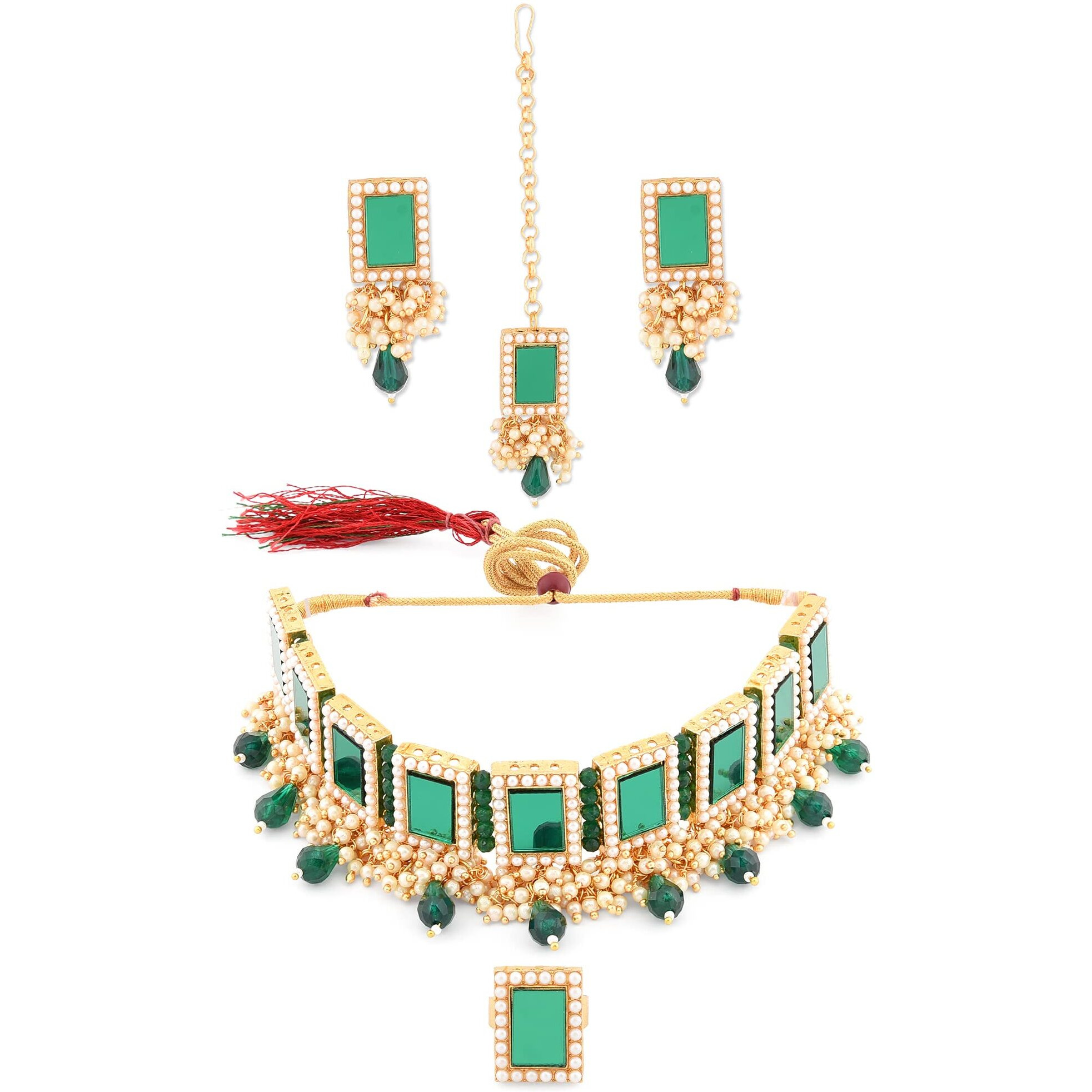 ZAVERI PEARLS Green Mirror & Cluster Pearls Choker Necklace Earring Maangtikka & Ring Set For Women-ZPFK12145