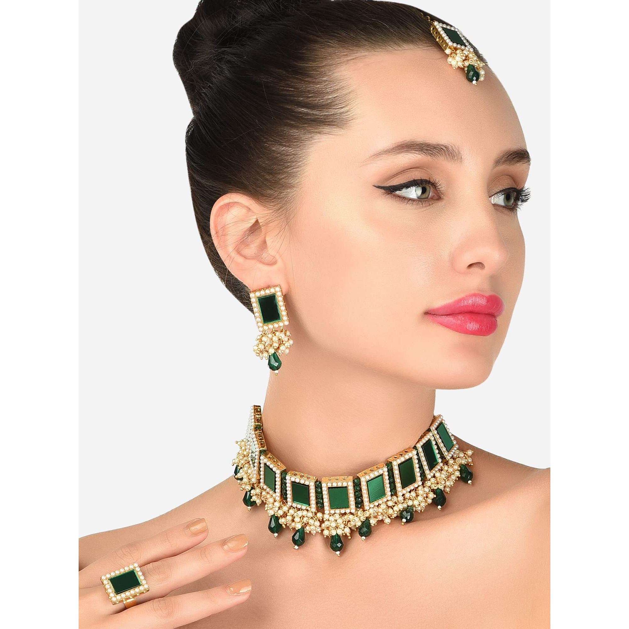 ZAVERI PEARLS Green Mirror & Cluster Pearls Choker Necklace Earring Maangtikka & Ring Set For Women-ZPFK12145
