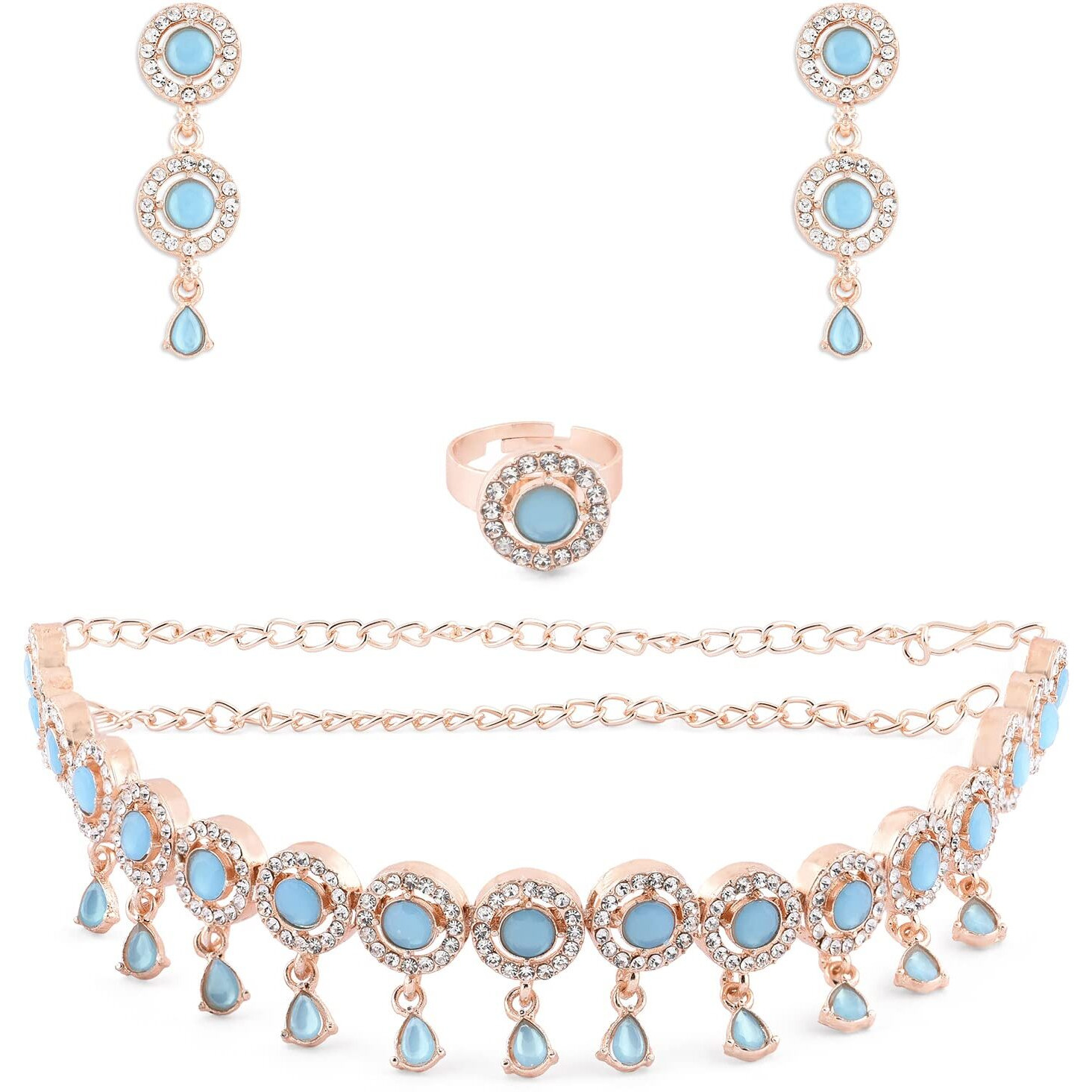 ZAVERI PEARLS Turquoise Blue Dazzling Stones Sleek Choker Necklace Earring & Ring Set For Women-ZPFK15145