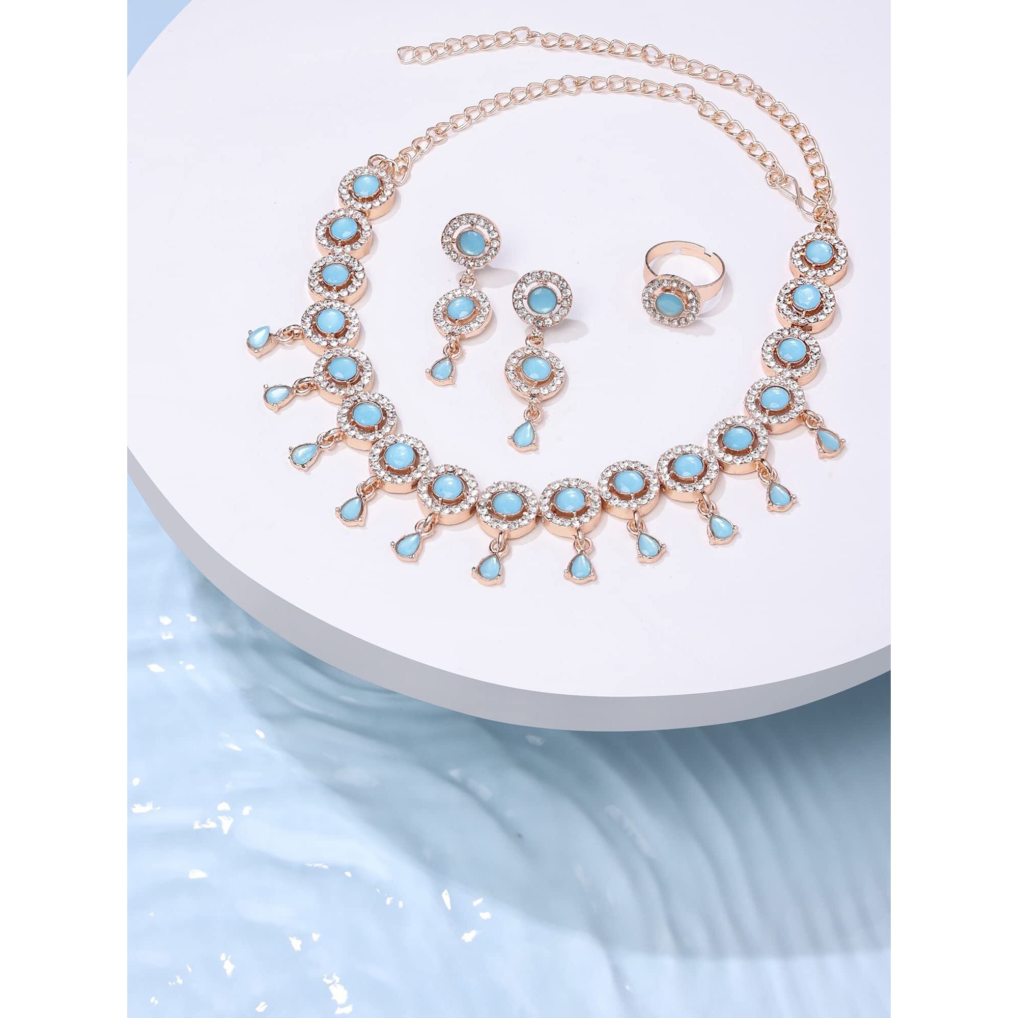 ZAVERI PEARLS Turquoise Blue Dazzling Stones Sleek Choker Necklace Earring & Ring Set For Women-ZPFK15145