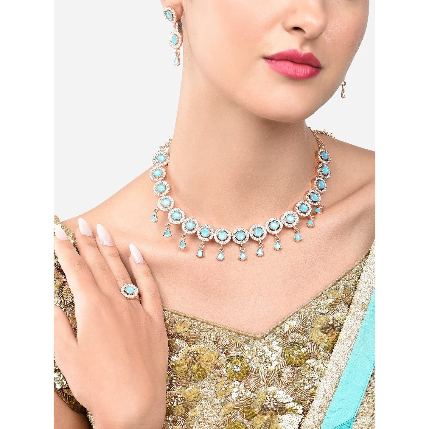 ZAVERI PEARLS Turquoise Blue Dazzling Stones Sleek Choker Necklace Earring & Ring Set For Women-ZPFK15145