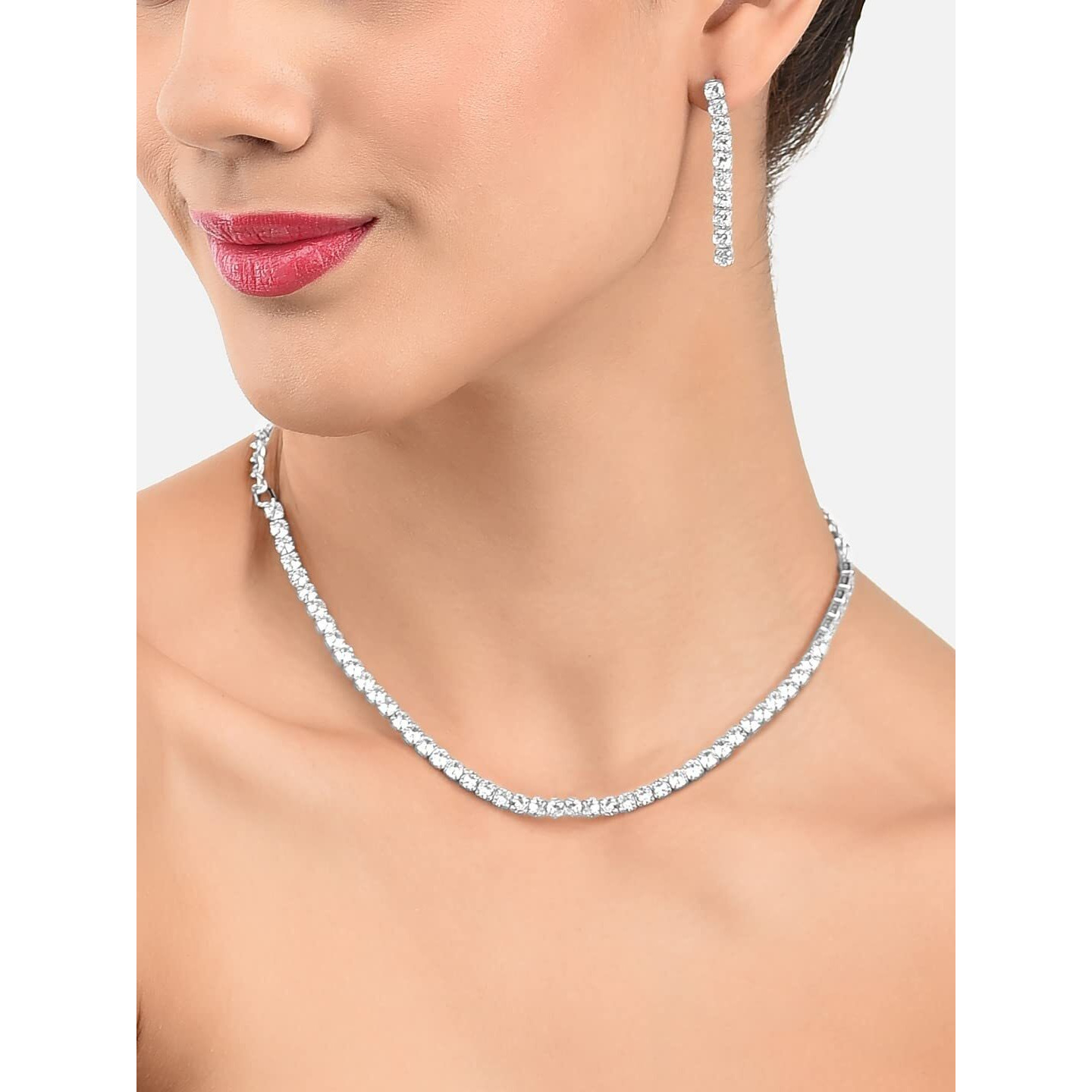 ZAVERI PEARLS Silver Tone Dazzling Cubic Zirconia Necklace Earring & Bracelet Set For Women-ZPFK12582