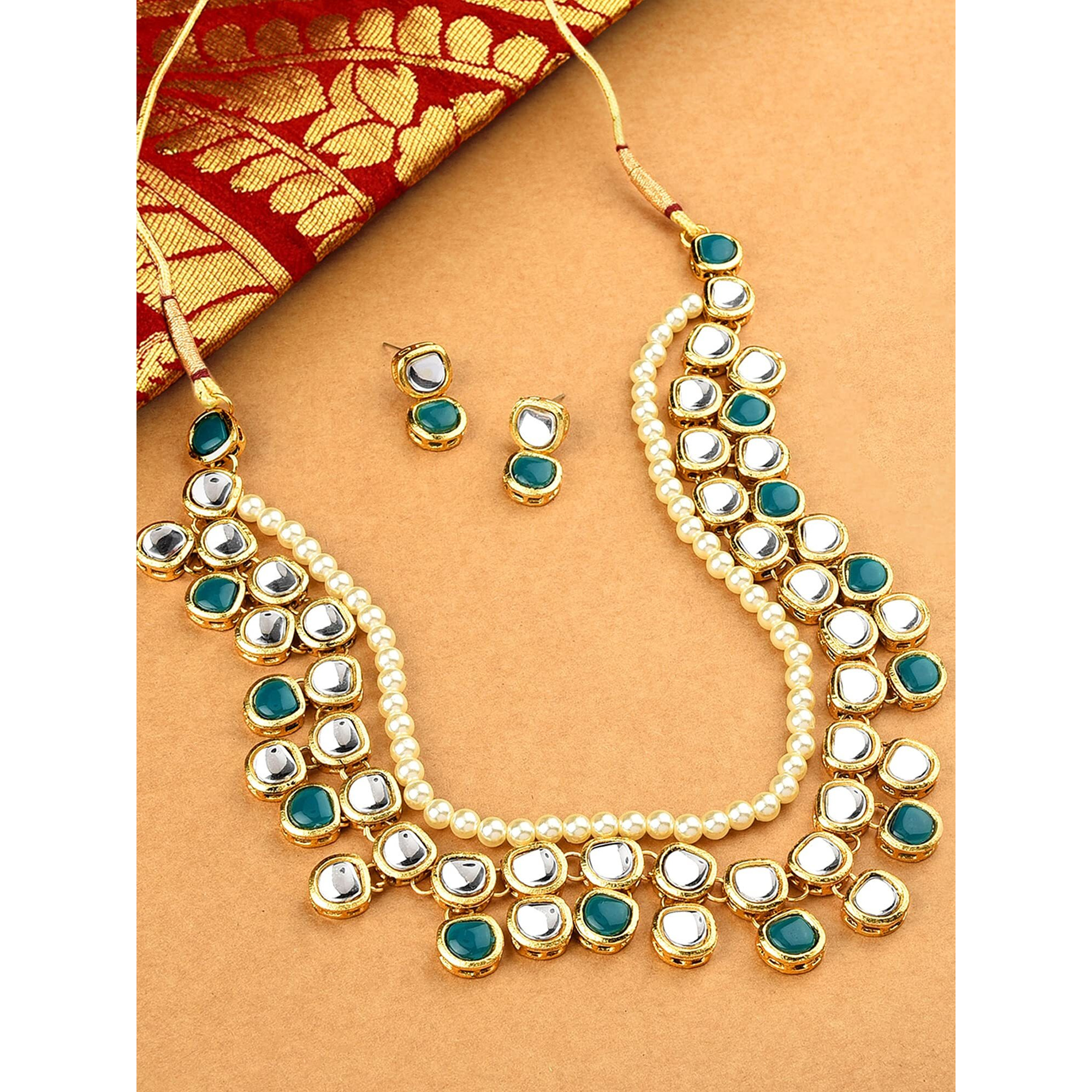 ZAVERI PEARLS Gold Tone Traditional Kundan & Pearls Necklace Set For Women-ZPFK8591