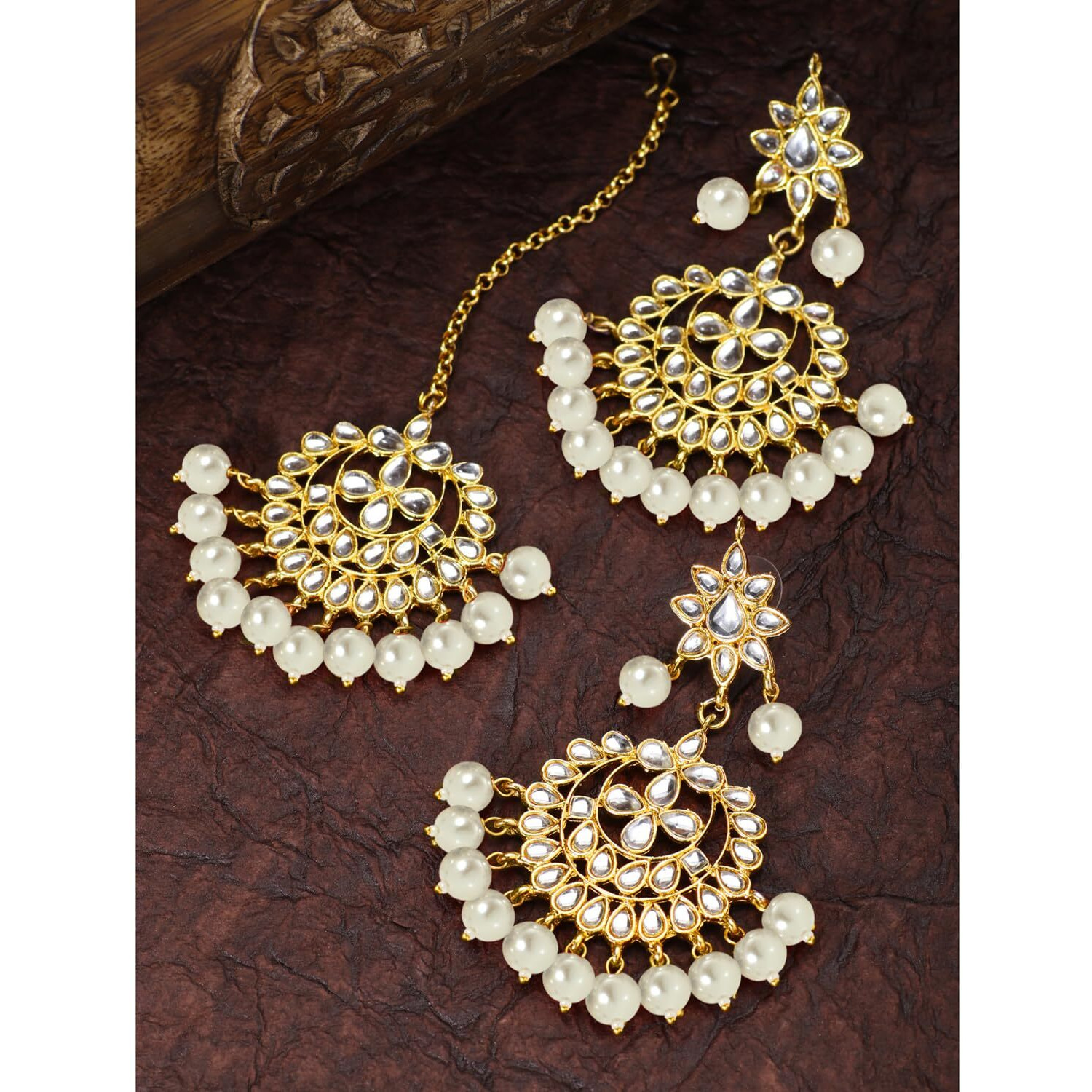Peora Womens Gold Plated Kundan Faux Pearl Chandbali Earring Maang Tikka Set