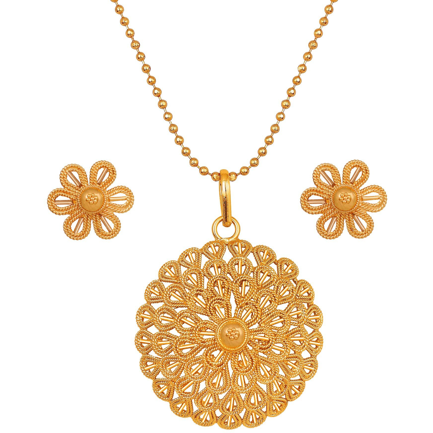 JFL - Jewellery for Less Traditional Gold Plated Flower Pattern Pendant Ball Chain with Earring For Women & Girls.,Valentine