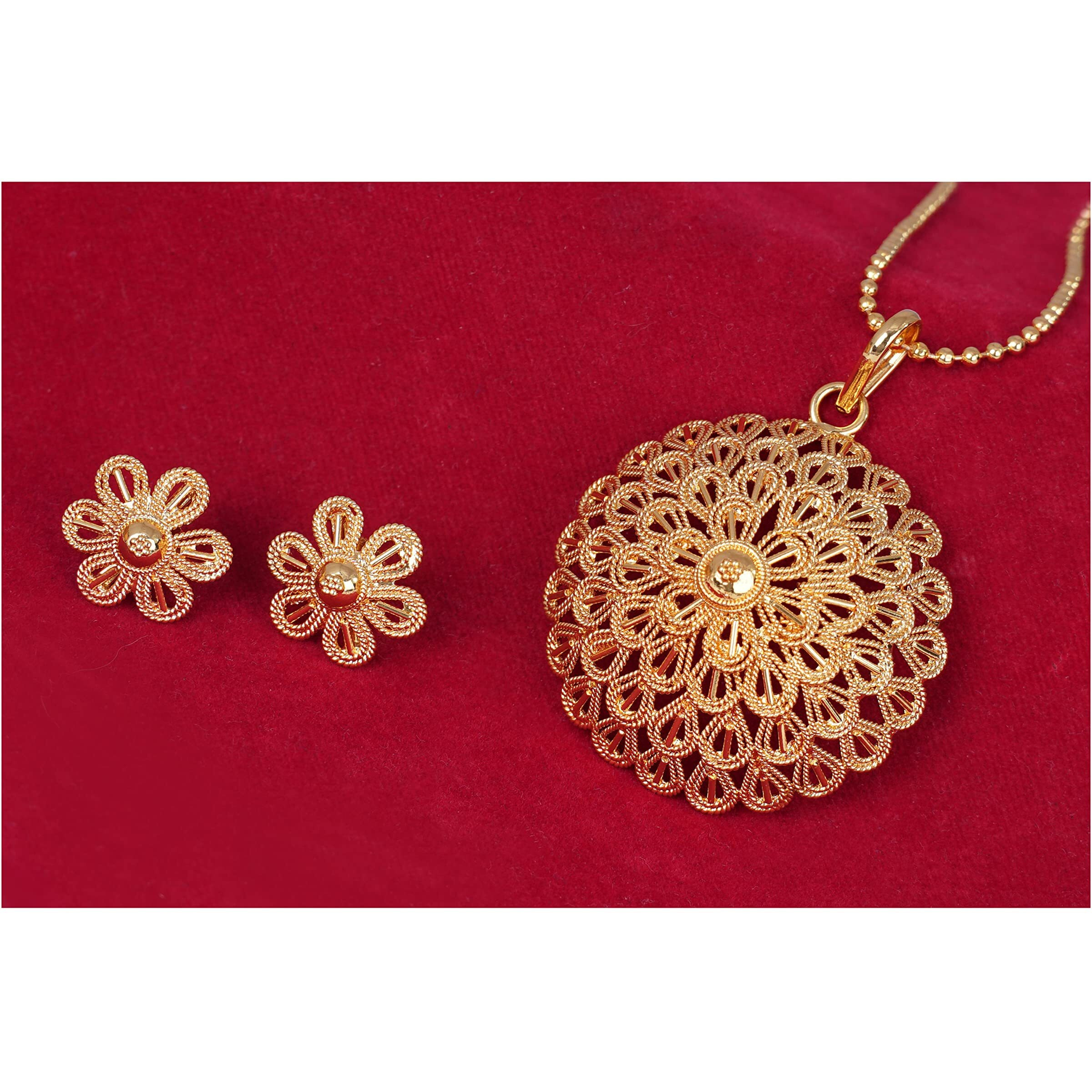 JFL - Jewellery for Less Traditional Gold Plated Flower Pattern Pendant Ball Chain with Earring For Women & Girls.,Valentine