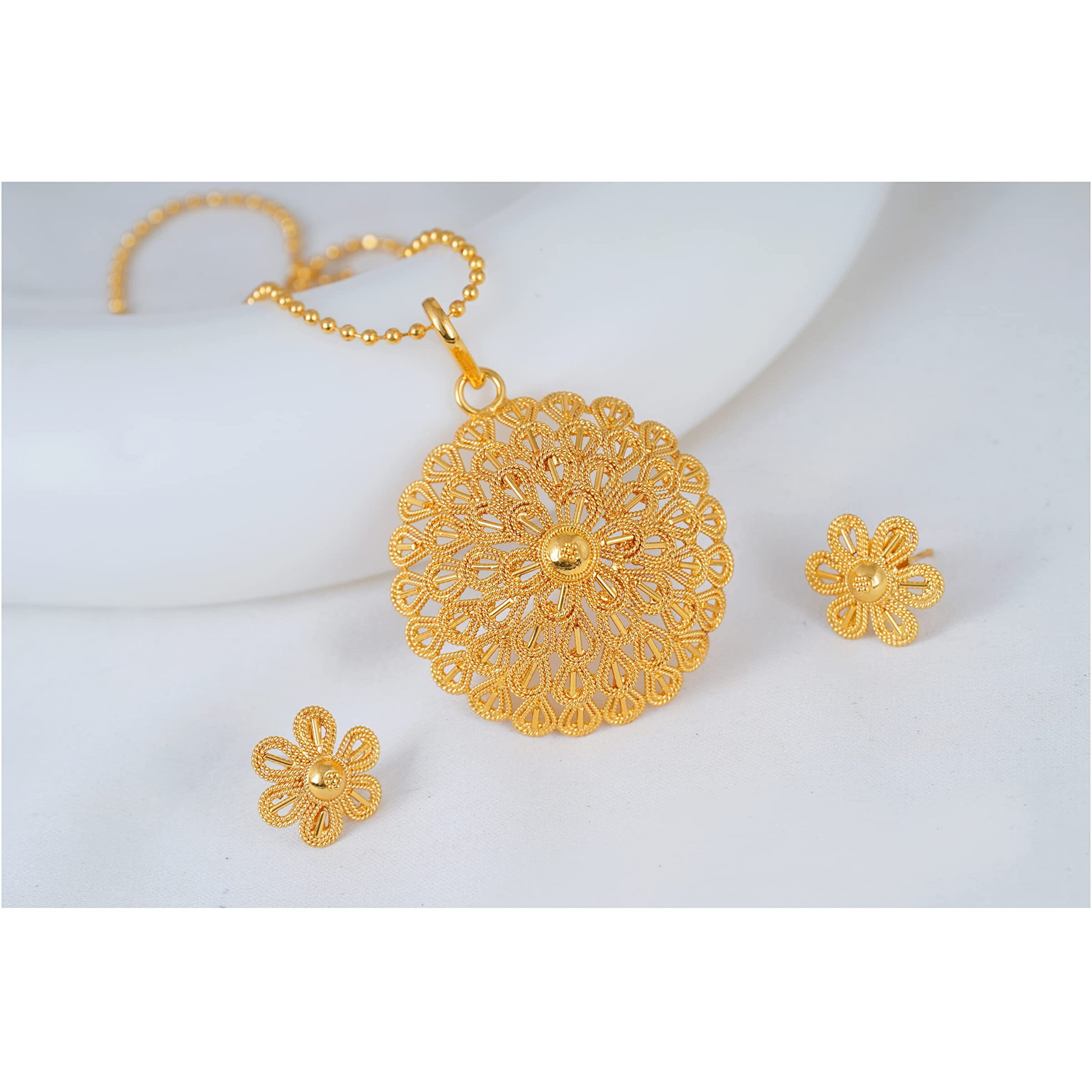 JFL - Jewellery for Less Traditional Gold Plated Flower Pattern Pendant Ball Chain with Earring For Women & Girls.,Valentine