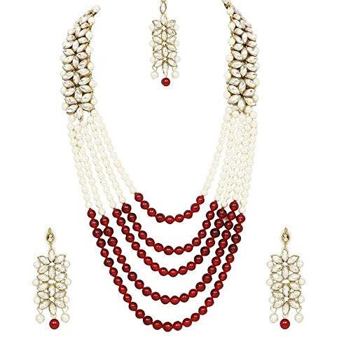 I Jewels 18K Gold Plated Traditional 5 Layers Kundan & Pearl Beaded Moti Raani Haar Necklace Jewellery Set For Women (ML164M)