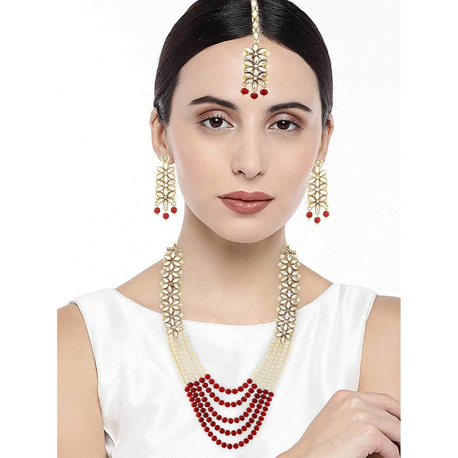 I Jewels 18K Gold Plated Traditional 5 Layers Kundan & Pearl Beaded Moti Raani Haar Necklace Jewellery Set For Women (ML164M)