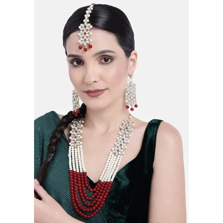 I Jewels 18K Gold Plated Traditional 5 Layers Kundan & Pearl Beaded Moti Raani Haar Necklace Jewellery Set For Women (ML164M)