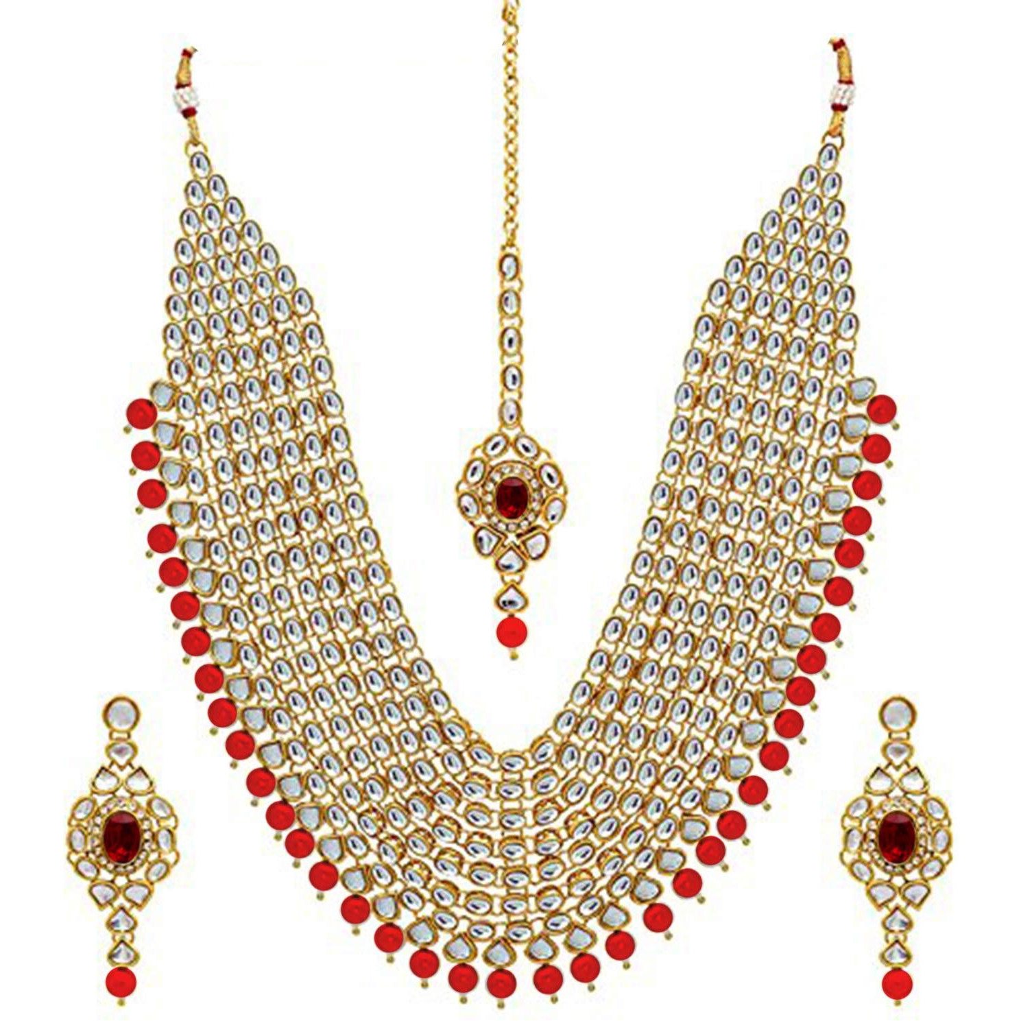 Peora Kundan Pearl Maroon Layered Long Jewellery Necklace Set with Earring Maang Tikka Earrings for Women