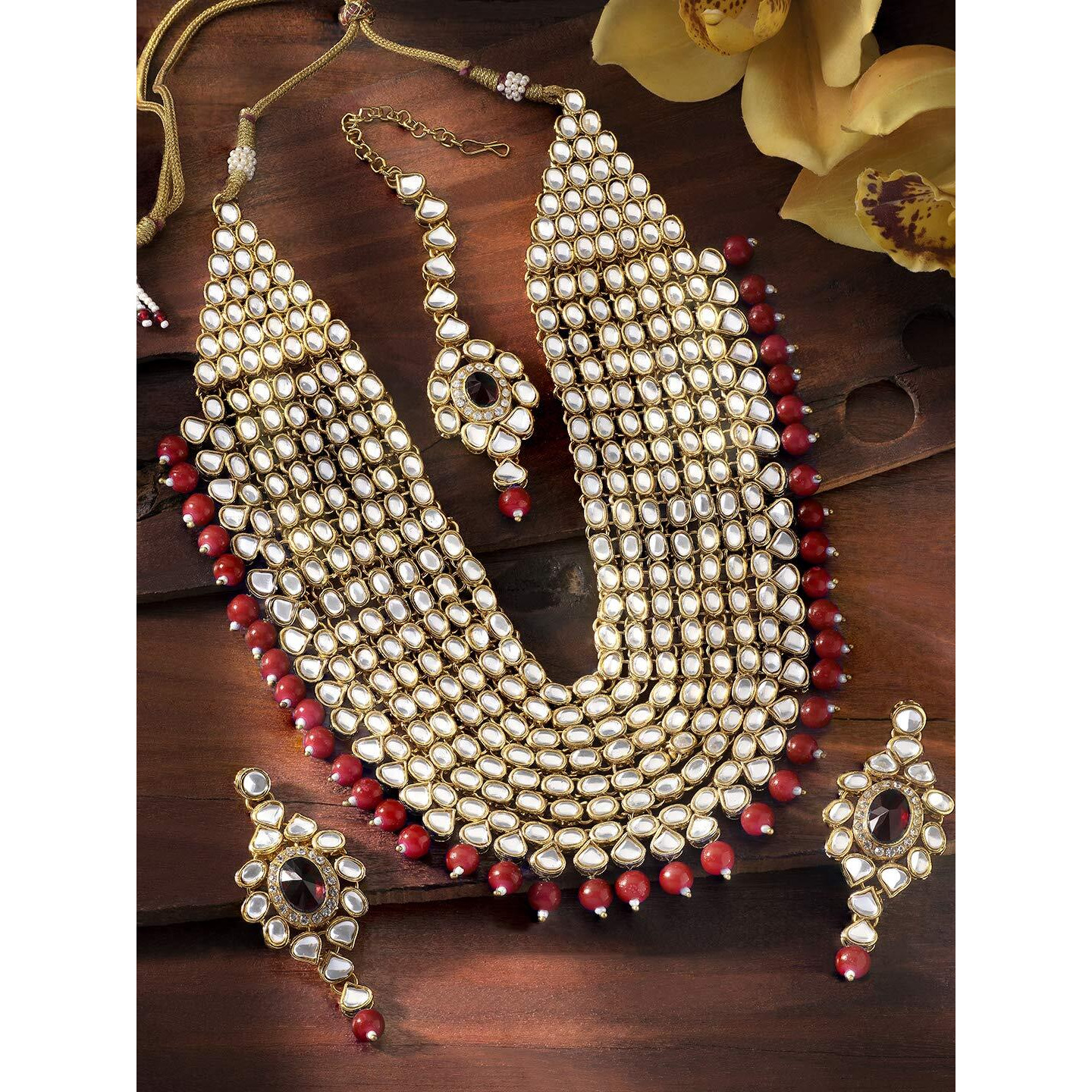 Peora Kundan Pearl Maroon Layered Long Jewellery Necklace Set with Earring Maang Tikka Earrings for Women