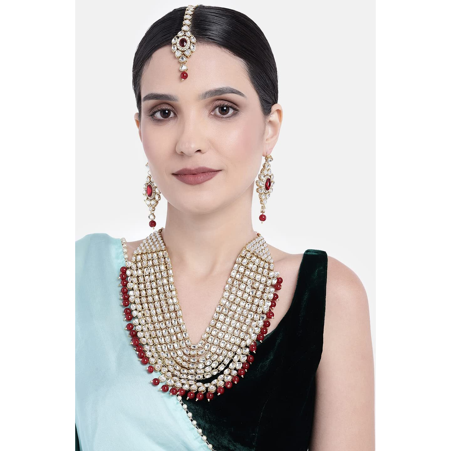 Peora Kundan Pearl Maroon Layered Long Jewellery Necklace Set with Earring Maang Tikka Earrings for Women