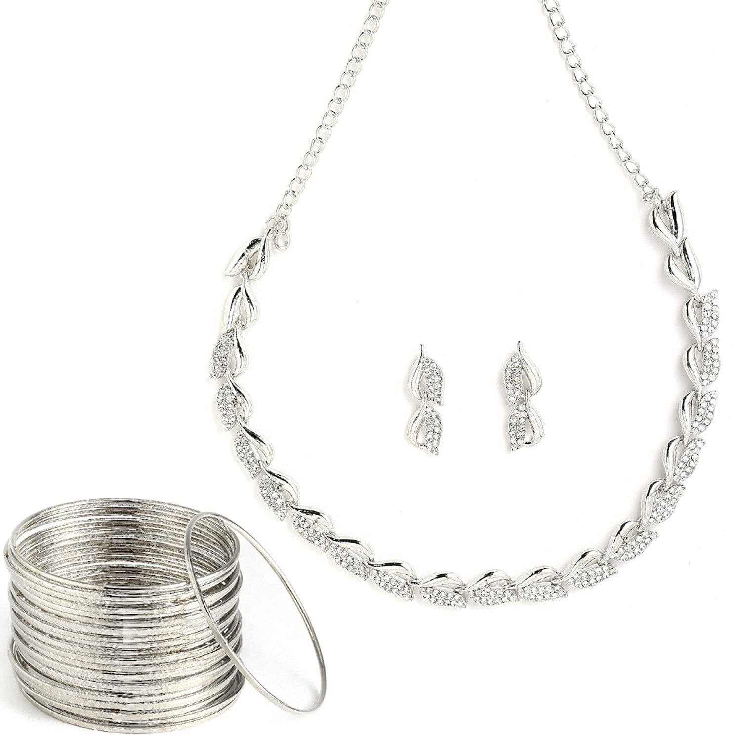 ZENEME Silver Plated Oxidised American Diamond Studded Necklace With Earring and Bangle Jewellery Set For Women and Girl (Black, 2.6) (Style_03, 2.6 Inches)