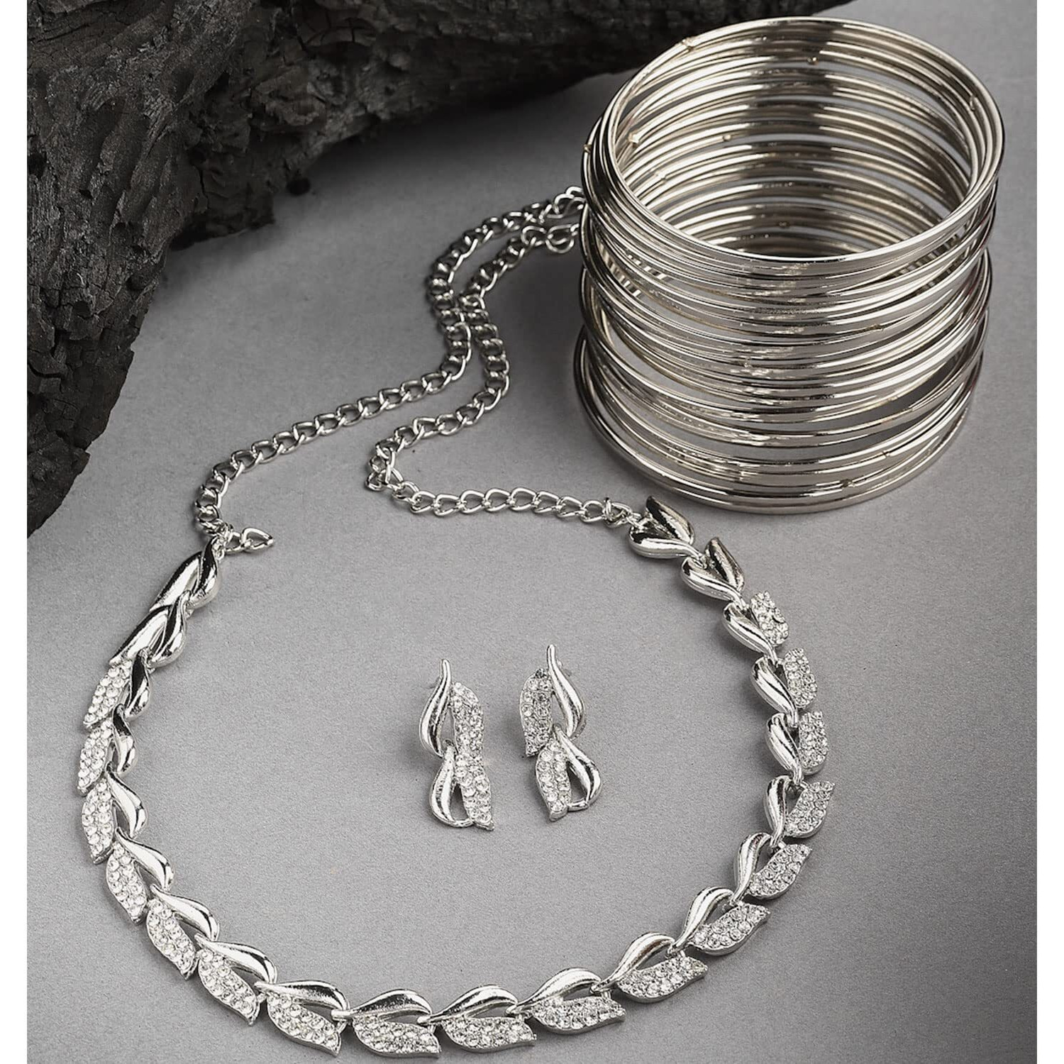 ZENEME Silver Plated Oxidised American Diamond Studded Necklace With Earring and Bangle Jewellery Set For Women and Girl (Black, 2.6) (Style_03, 2.6 Inches)