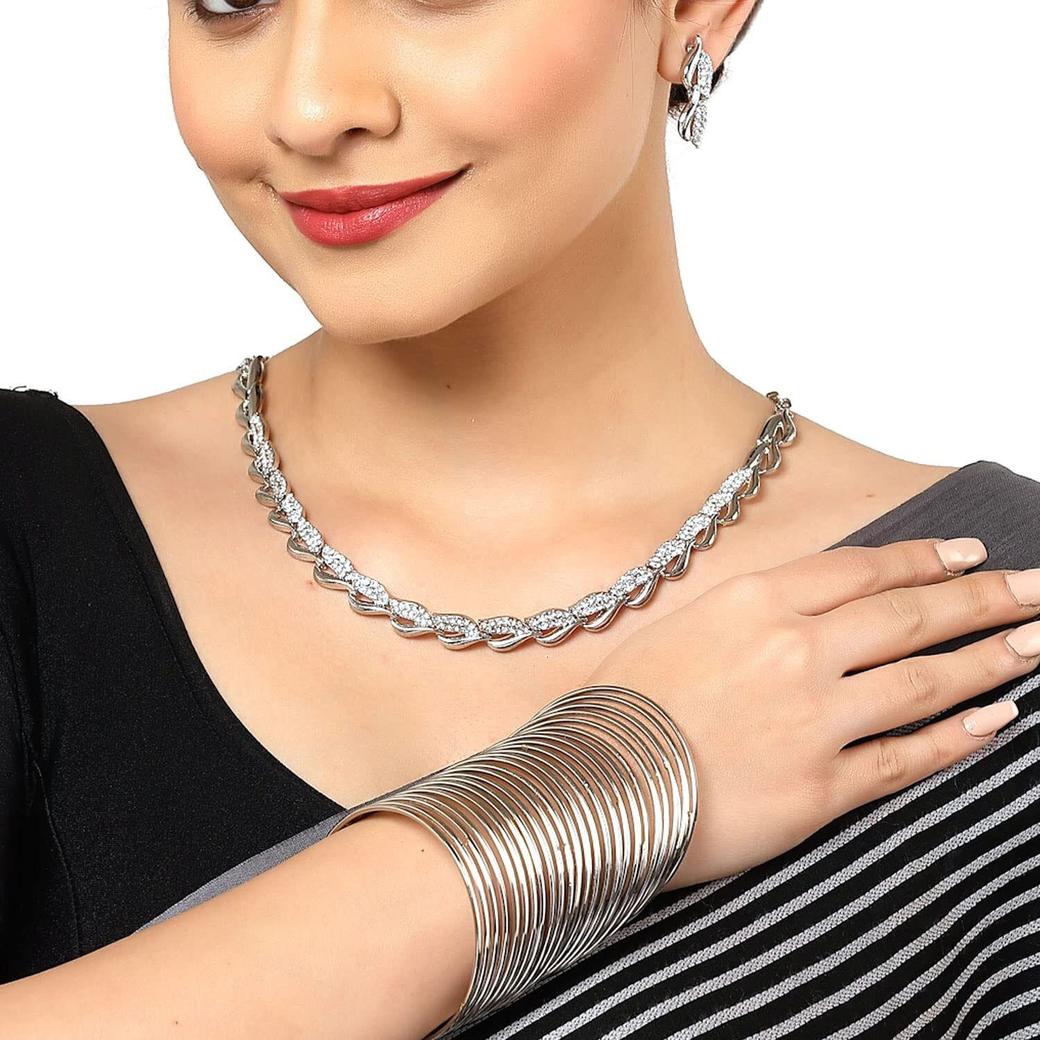 ZENEME Silver Plated Oxidised American Diamond Studded Necklace With Earring and Bangle Jewellery Set For Women and Girl (Black, 2.6) (Style_03, 2.6 Inches)