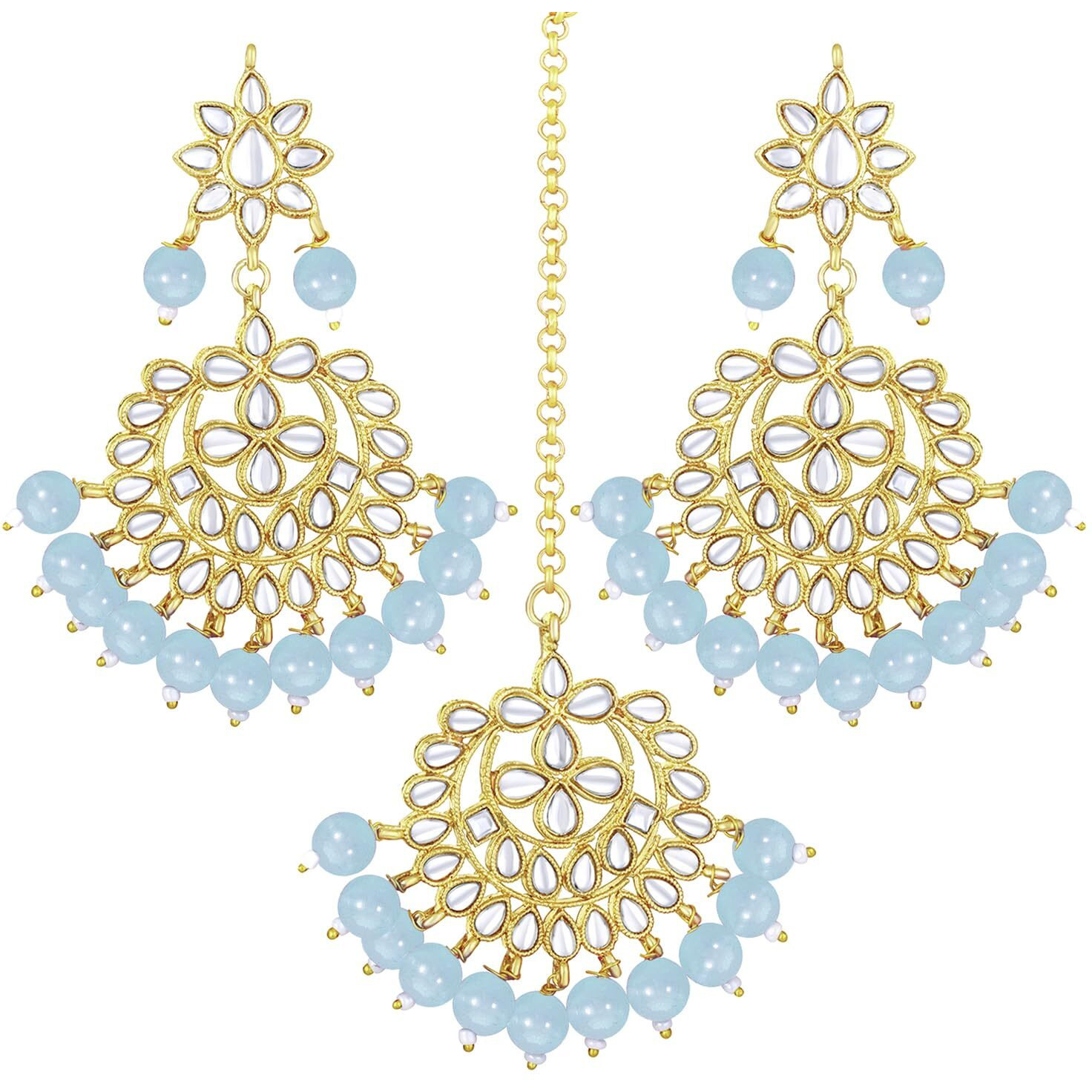 Peora Womens Gold Plated Kundan Faux Pearl Chandbali Earring, Maang Tikka Set