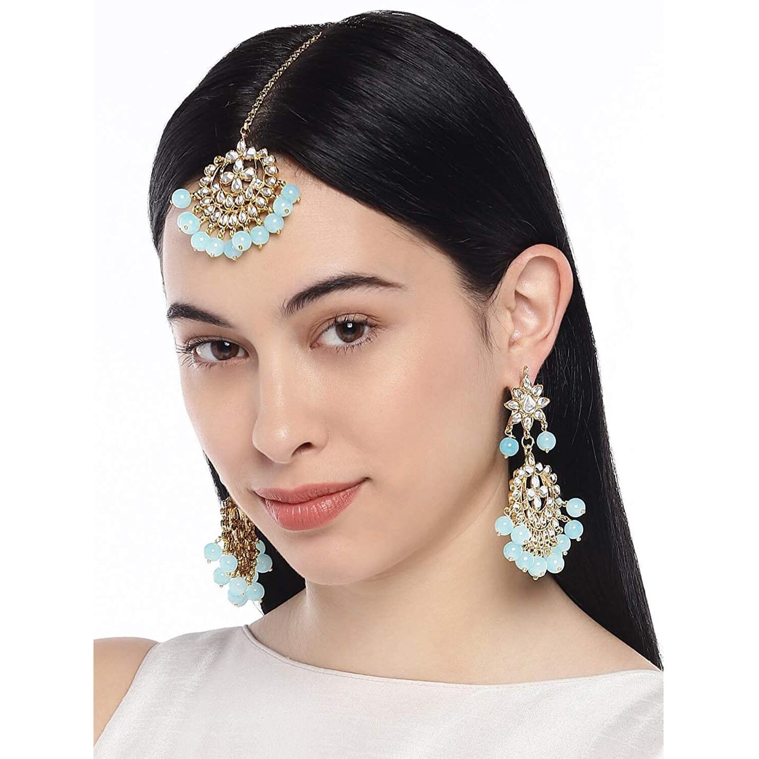Peora Womens Gold Plated Kundan Faux Pearl Chandbali Earring, Maang Tikka Set