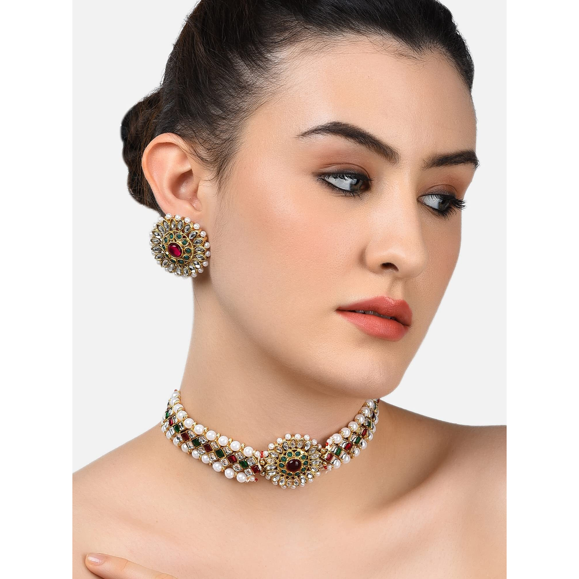 ZAVERI PEARLS Gold Tone Enchanting Kundan & Pearls Choker Jewellery Set For Women-ZPFK9362