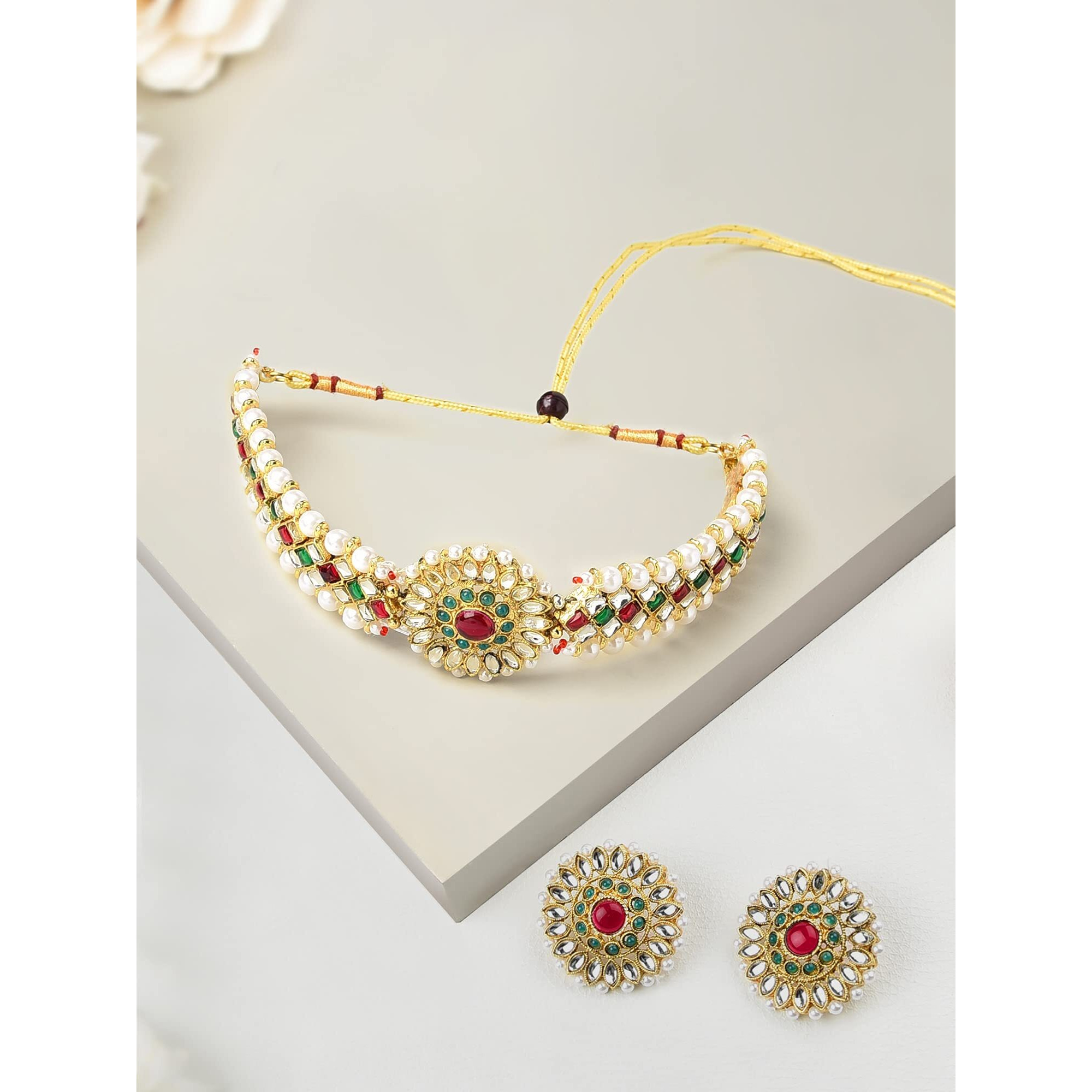 ZAVERI PEARLS Gold Tone Enchanting Kundan & Pearls Choker Jewellery Set For Women-ZPFK9362