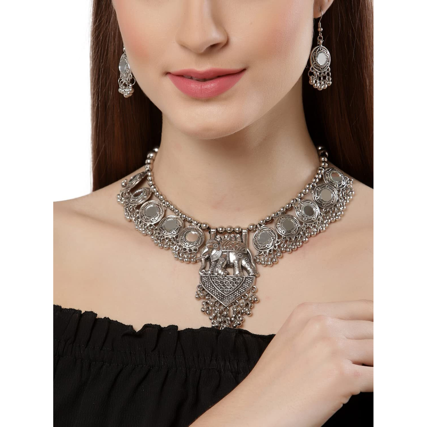 Shining Diva Fashion Latest Stylish Traditional Oxidised Silver Necklace Jewellery Set for Women (13109s)