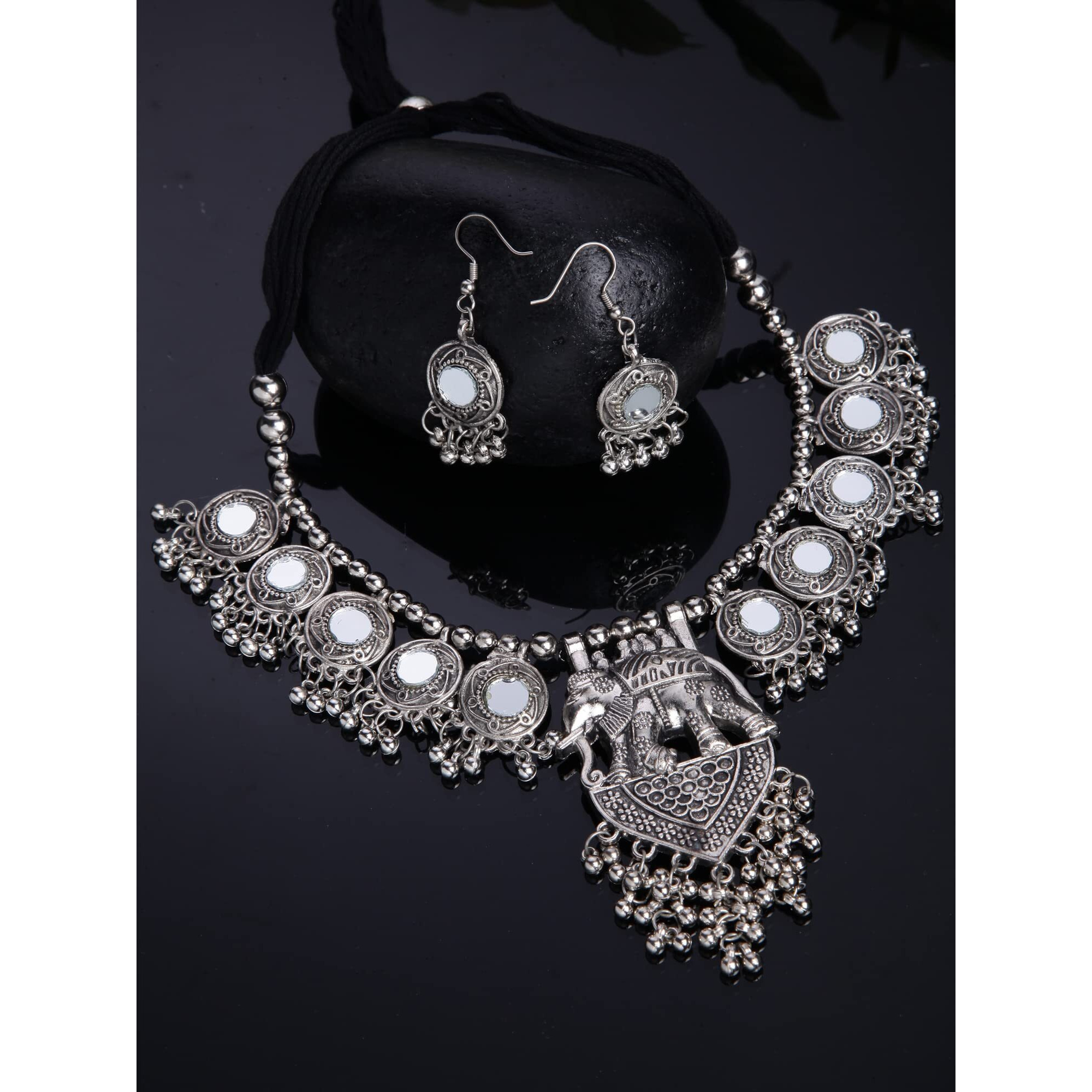 Shining Diva Fashion Latest Stylish Traditional Oxidised Silver Necklace Jewellery Set for Women (13109s)