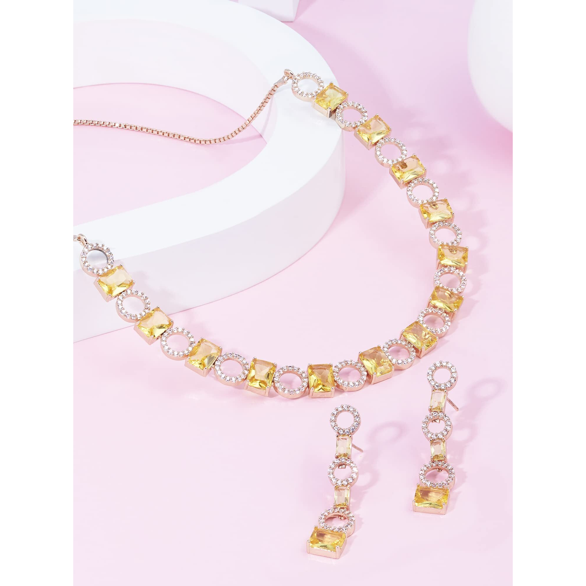 ZAVERI PEARLS Yellow Stones Dazzling Cubic Zirconia Contemporary Necklace & Earring Set For Women-ZPFK15570