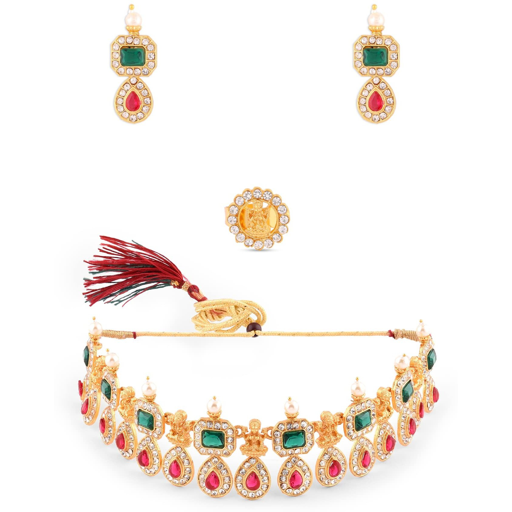 ZAVERI PEARLS Green & Pink Stones Goddess Laxmi Temple Necklace Earring & Ring Set For Women-ZPFK14437