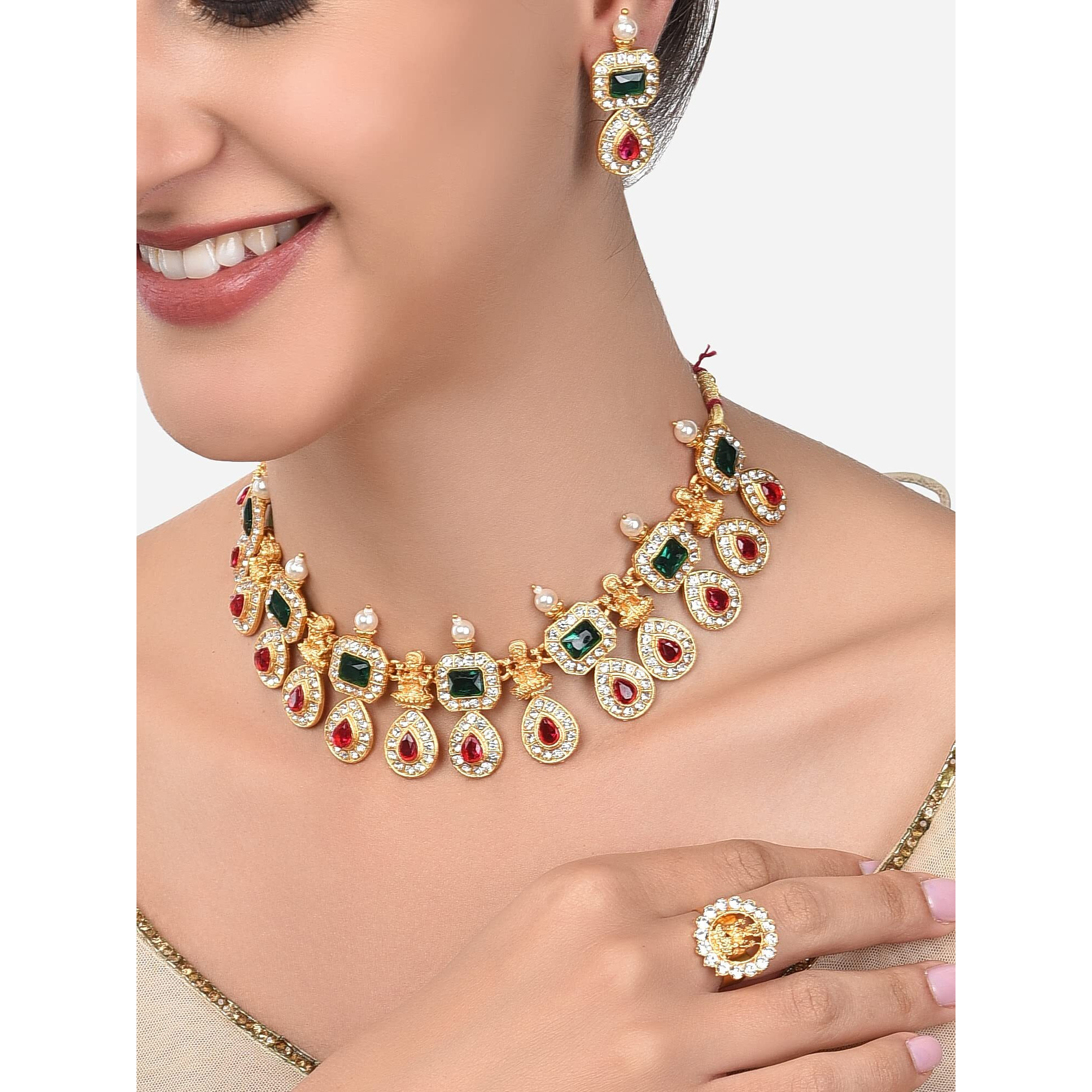 ZAVERI PEARLS Green & Pink Stones Goddess Laxmi Temple Necklace Earring & Ring Set For Women-ZPFK14437
