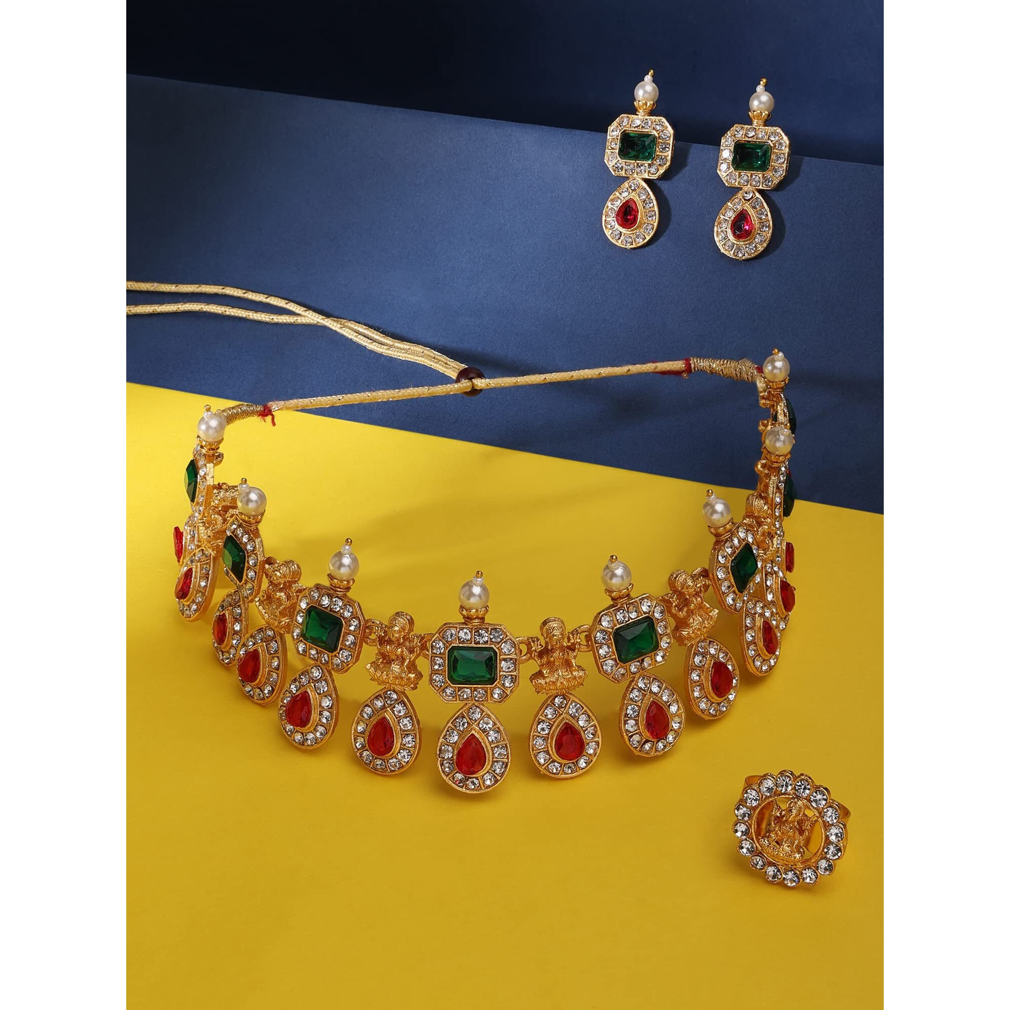 ZAVERI PEARLS Green & Pink Stones Goddess Laxmi Temple Necklace Earring & Ring Set For Women-ZPFK14437