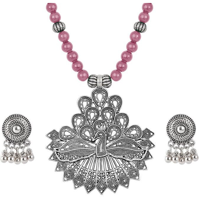JFL - Jewellery for Less Contemporary Handcrafted Peacock German Silver Oxidized Beaded Necklace Set with Earrings for Women & Girls (Gajri Pink),Valentine