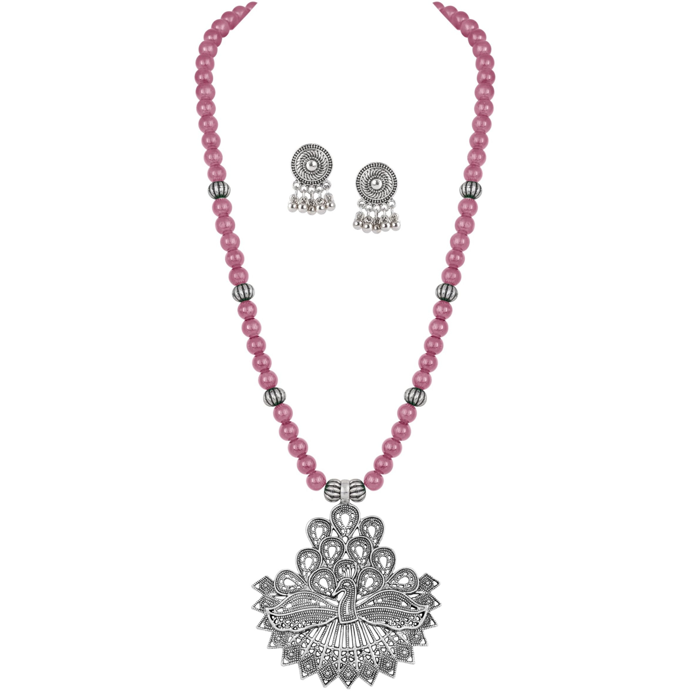JFL - Jewellery for Less Contemporary Handcrafted Peacock German Silver Oxidized Beaded Necklace Set with Earrings for Women & Girls (Gajri Pink),Valentine