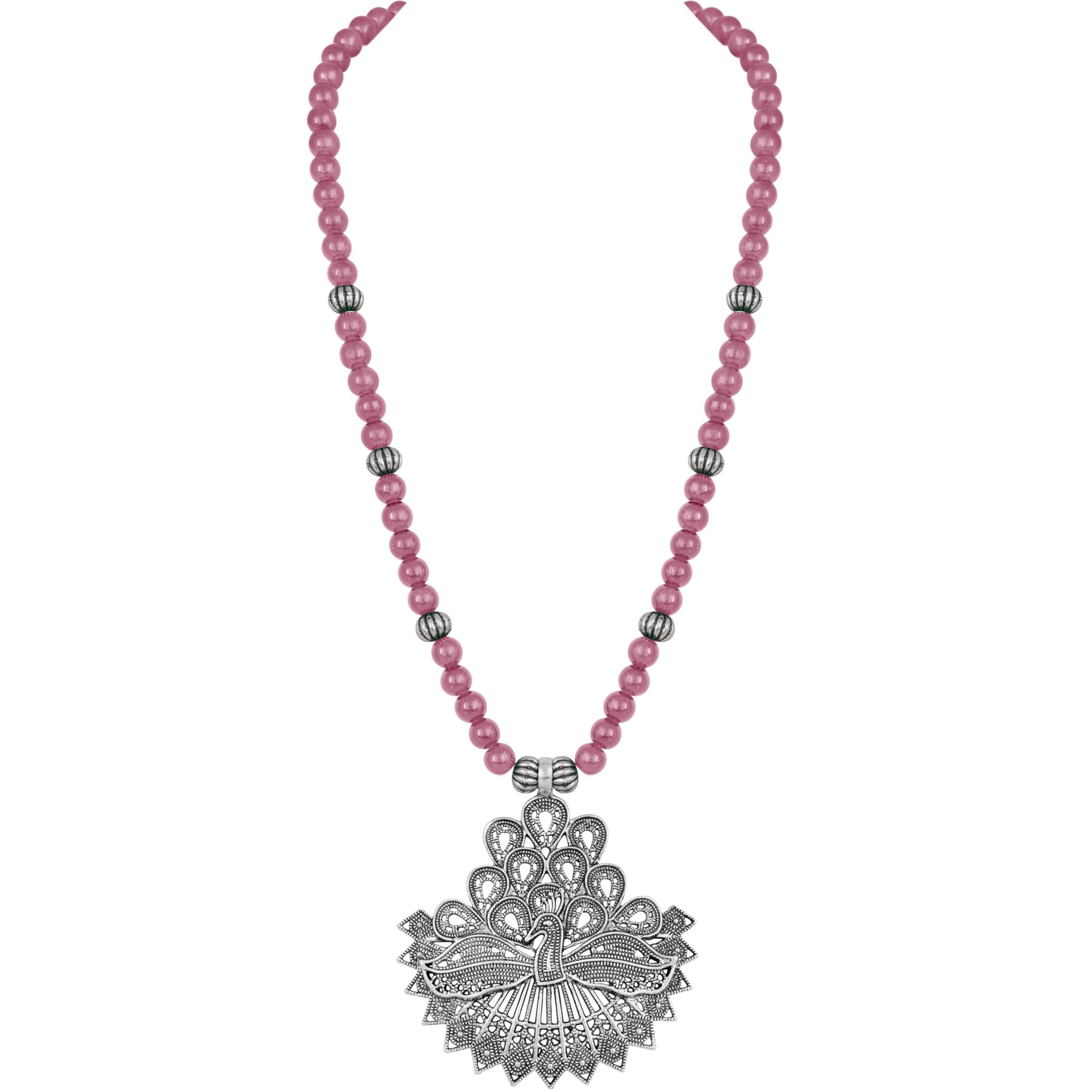 JFL - Jewellery for Less Contemporary Handcrafted Peacock German Silver Oxidized Beaded Necklace Set with Earrings for Women & Girls (Gajri Pink),Valentine