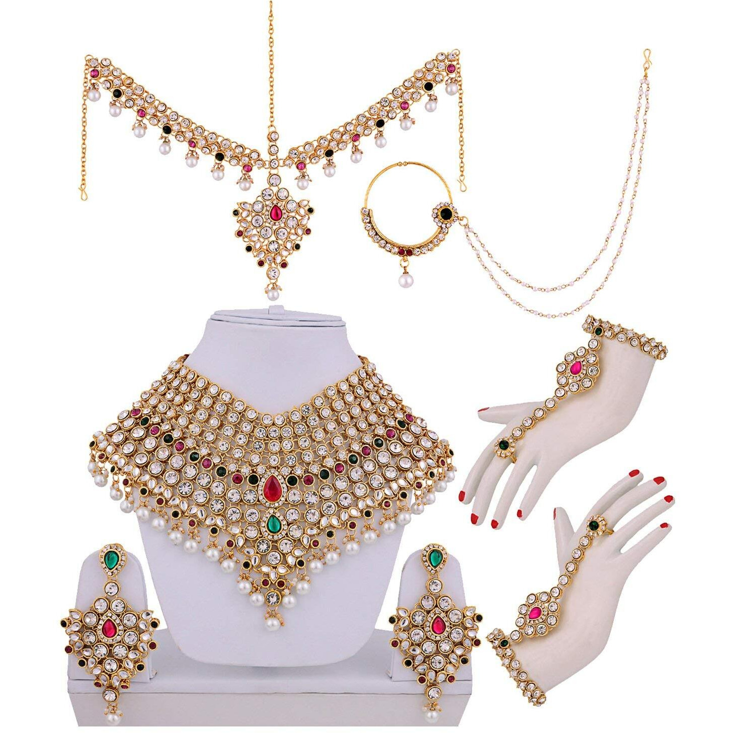 I Jewels Traditional Gold Plated Kundan Ethnic Bridal Jewellery Set for Women (Pink Green)