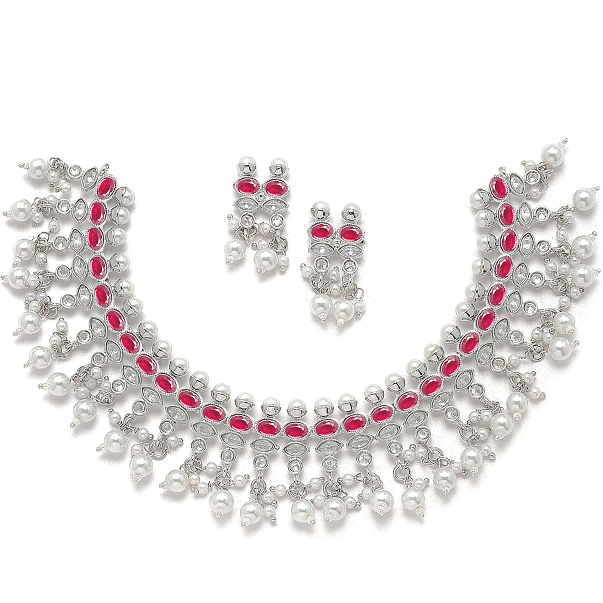ZENEME Fashion Jewellery Antique Oxidised Silver Plated Tribal Pink Silver-Plated AD Studded Pearl Necklace With Earrings Jewellery For Women & Girls (Style 6)