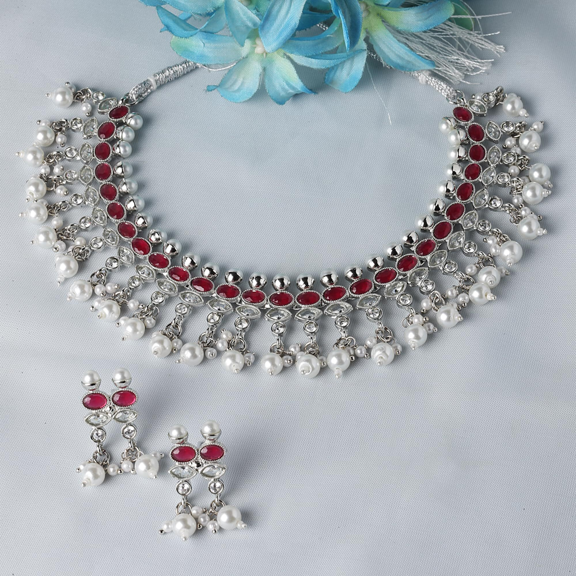 ZENEME Fashion Jewellery Antique Oxidised Silver Plated Tribal Pink Silver-Plated AD Studded Pearl Necklace With Earrings Jewellery For Women & Girls (Style 6)