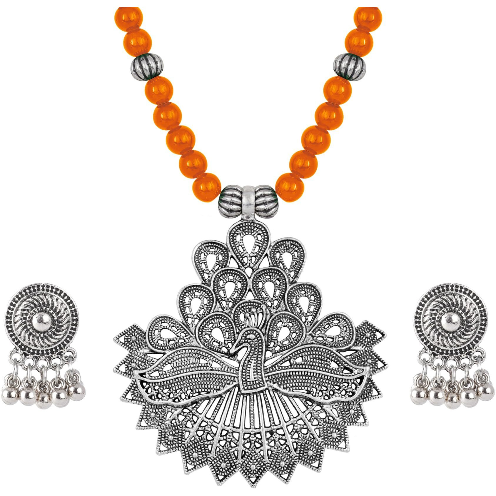 JFL - Jewellery for Less Contemporary Handcrafted Peacock German Silver Oxidized Beaded Necklace Set with Earrings for Women & Girls. (Orange),Valentine