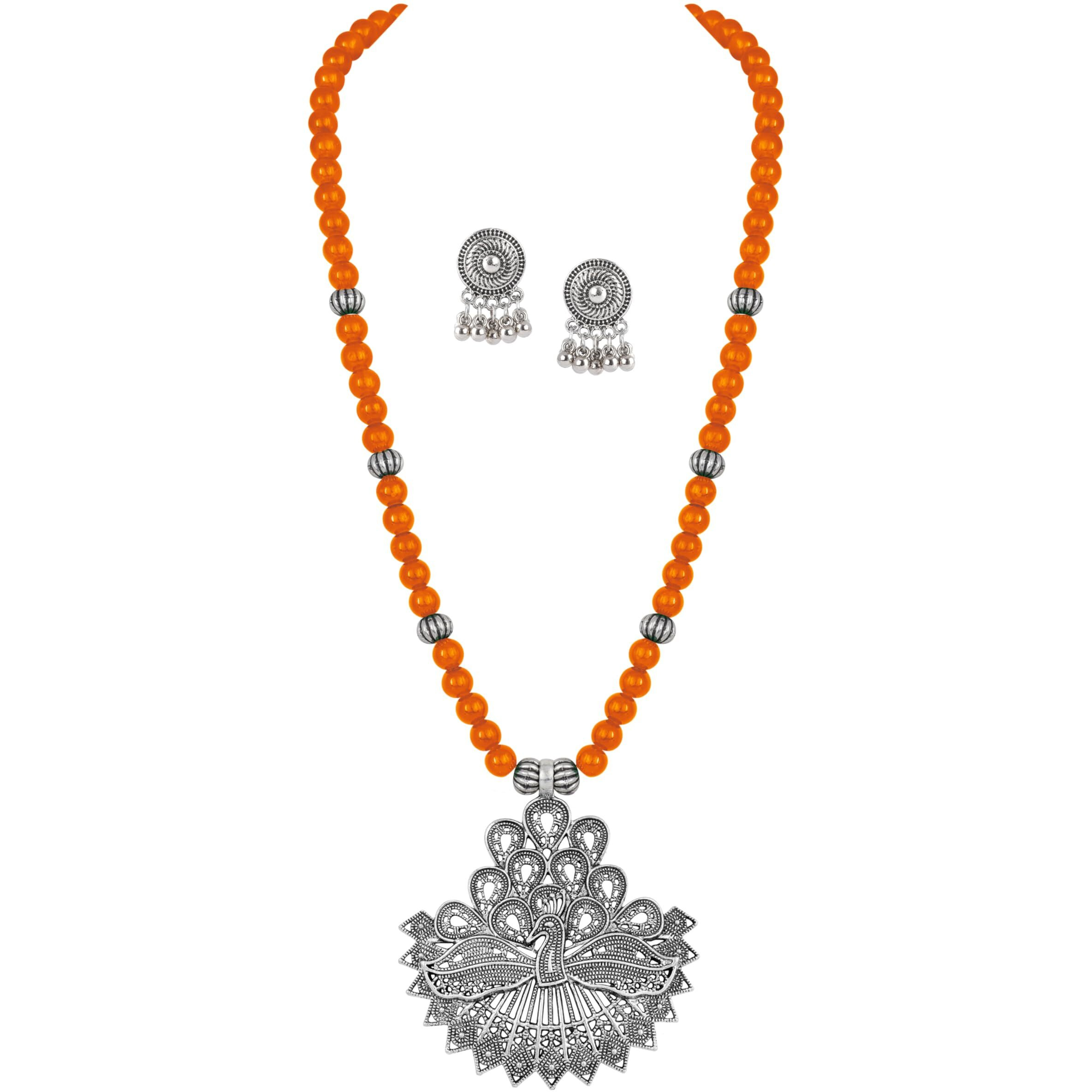 JFL - Jewellery for Less Contemporary Handcrafted Peacock German Silver Oxidized Beaded Necklace Set with Earrings for Women & Girls. (Orange),Valentine