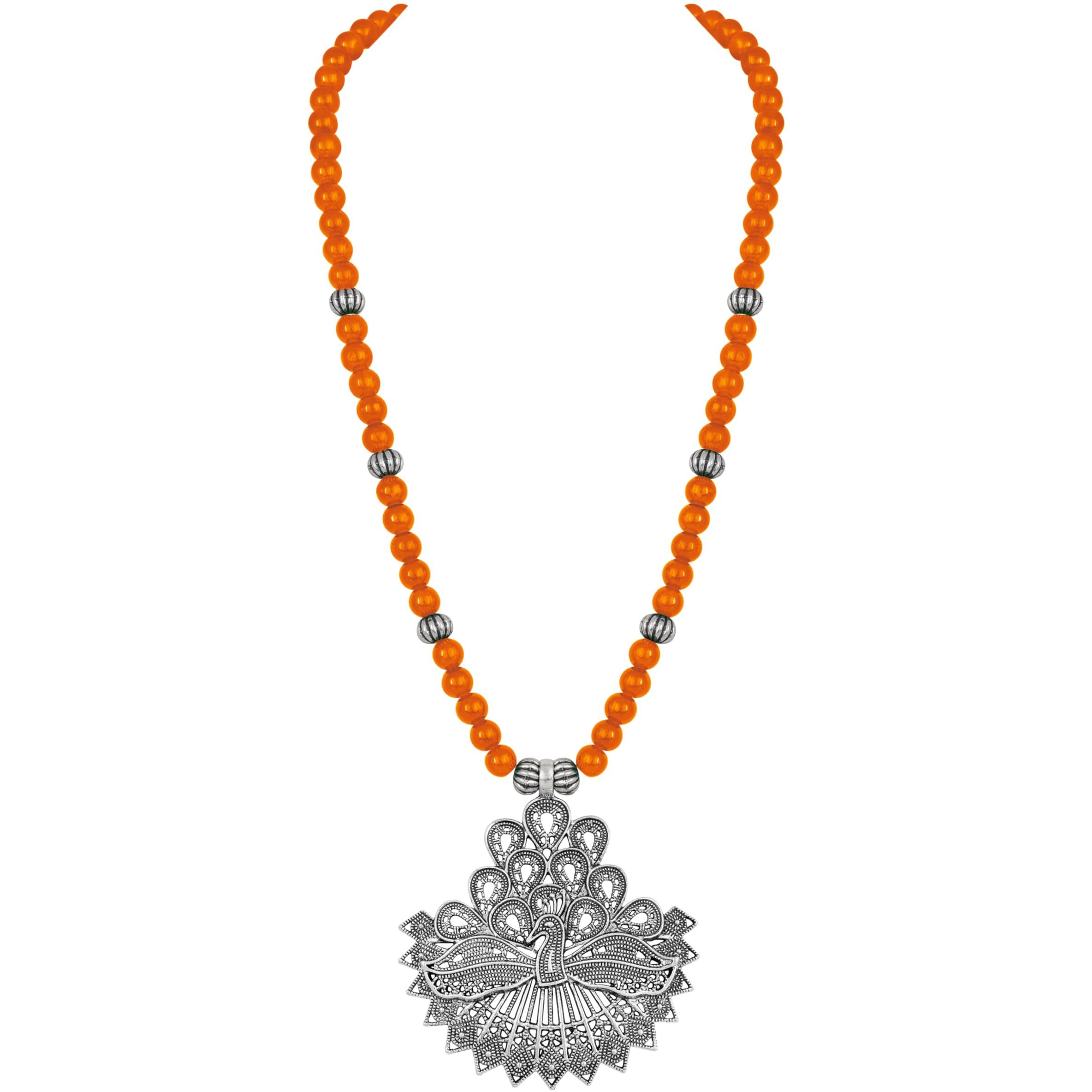 JFL - Jewellery for Less Contemporary Handcrafted Peacock German Silver Oxidized Beaded Necklace Set with Earrings for Women & Girls. (Orange),Valentine